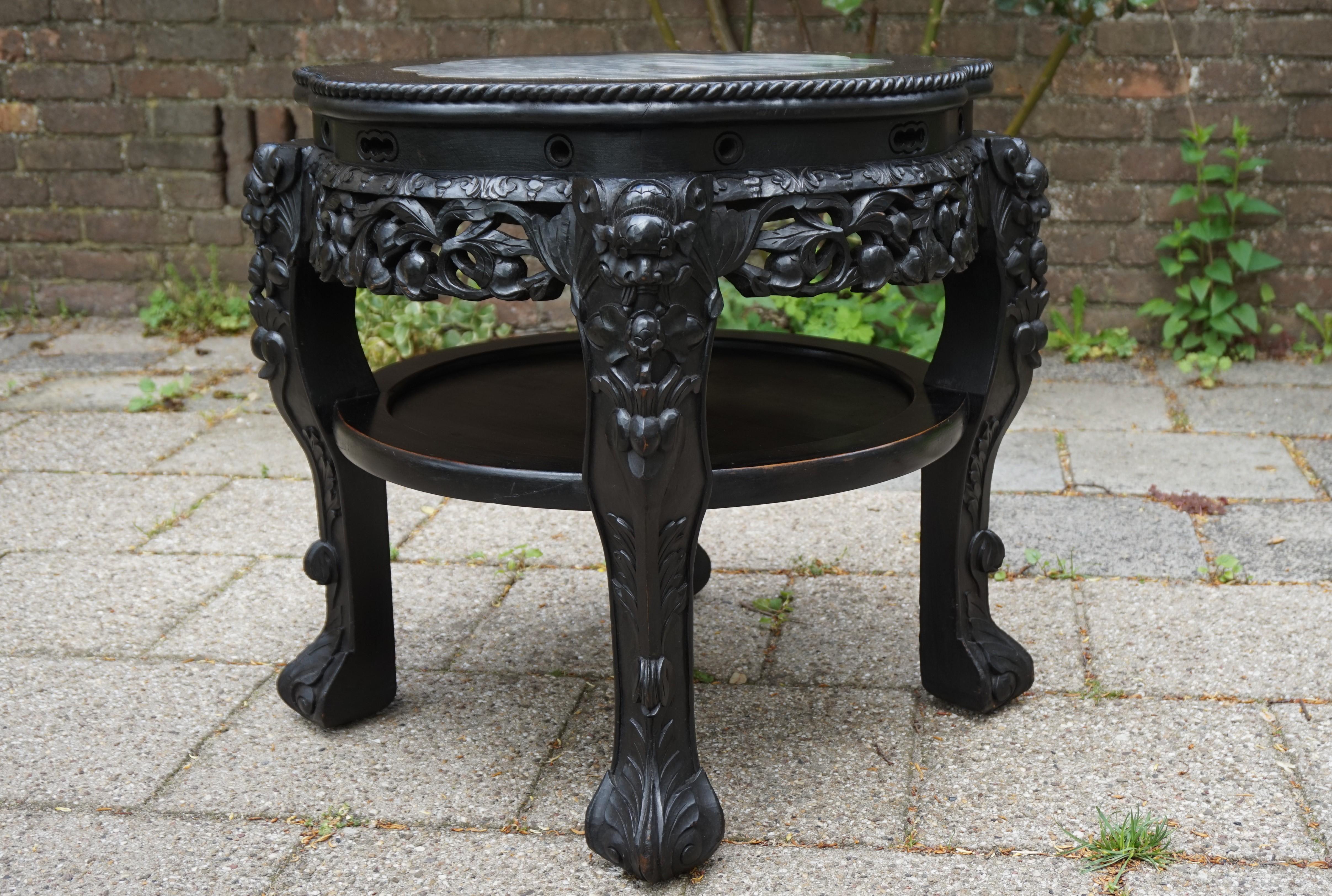 Antique Hand Carved & Ebonized Chinese Plant Stand / End Table with Marble Top For Sale 5