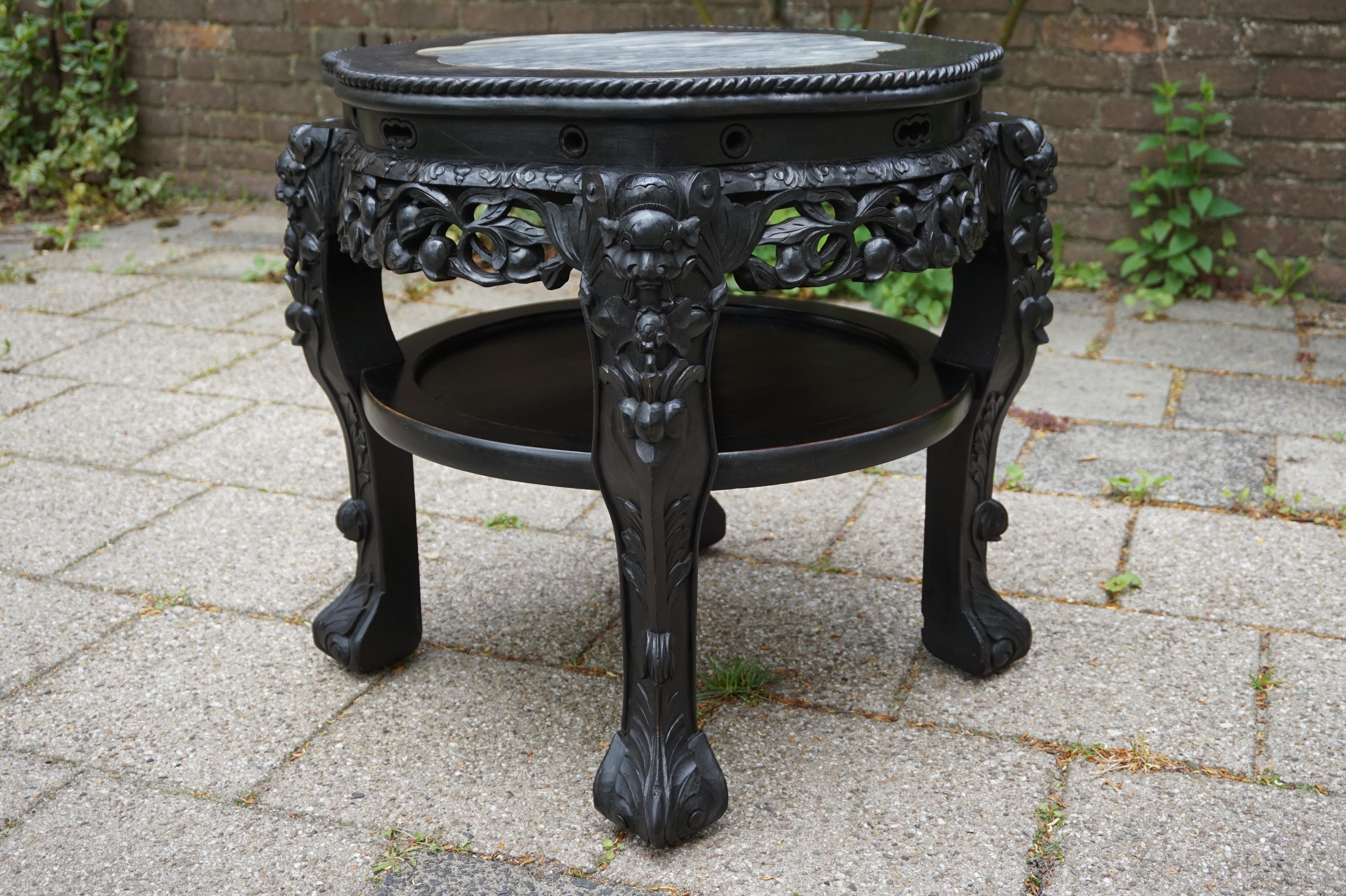 Antique Hand Carved & Ebonized Chinese Plant Stand / End Table with Marble Top For Sale 6