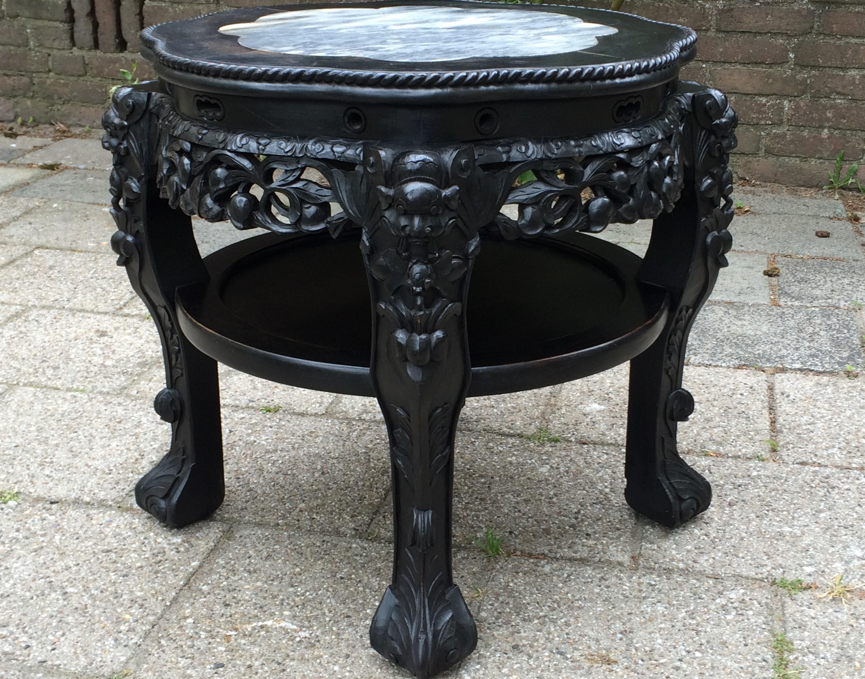 Antique Hand Carved & Ebonized Chinese Plant Stand / End Table with Marble Top For Sale 7