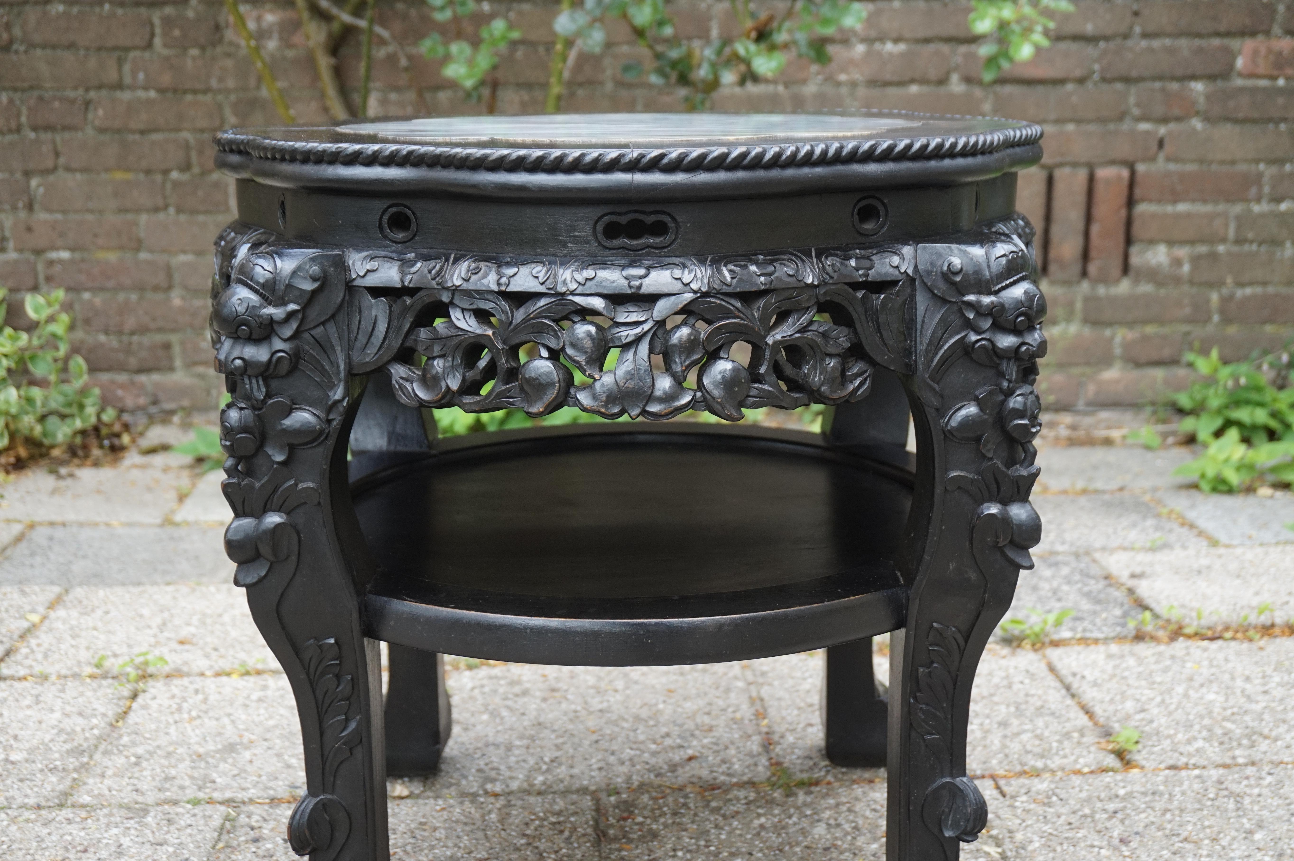 Chinese Export Antique Hand Carved & Ebonized Chinese Plant Stand / End Table with Marble Top For Sale