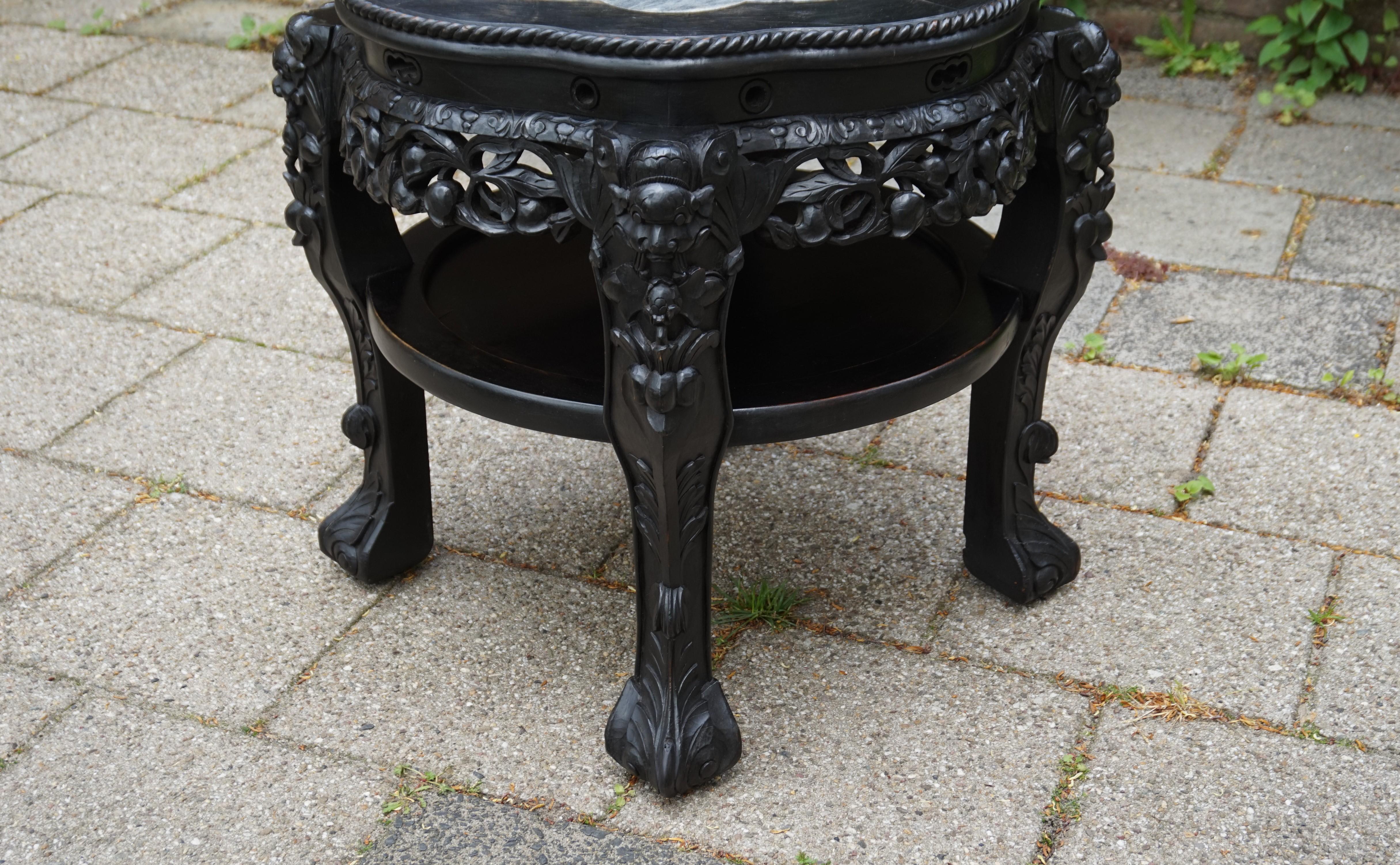 19th Century Antique Hand Carved & Ebonized Chinese Plant Stand / End Table with Marble Top For Sale