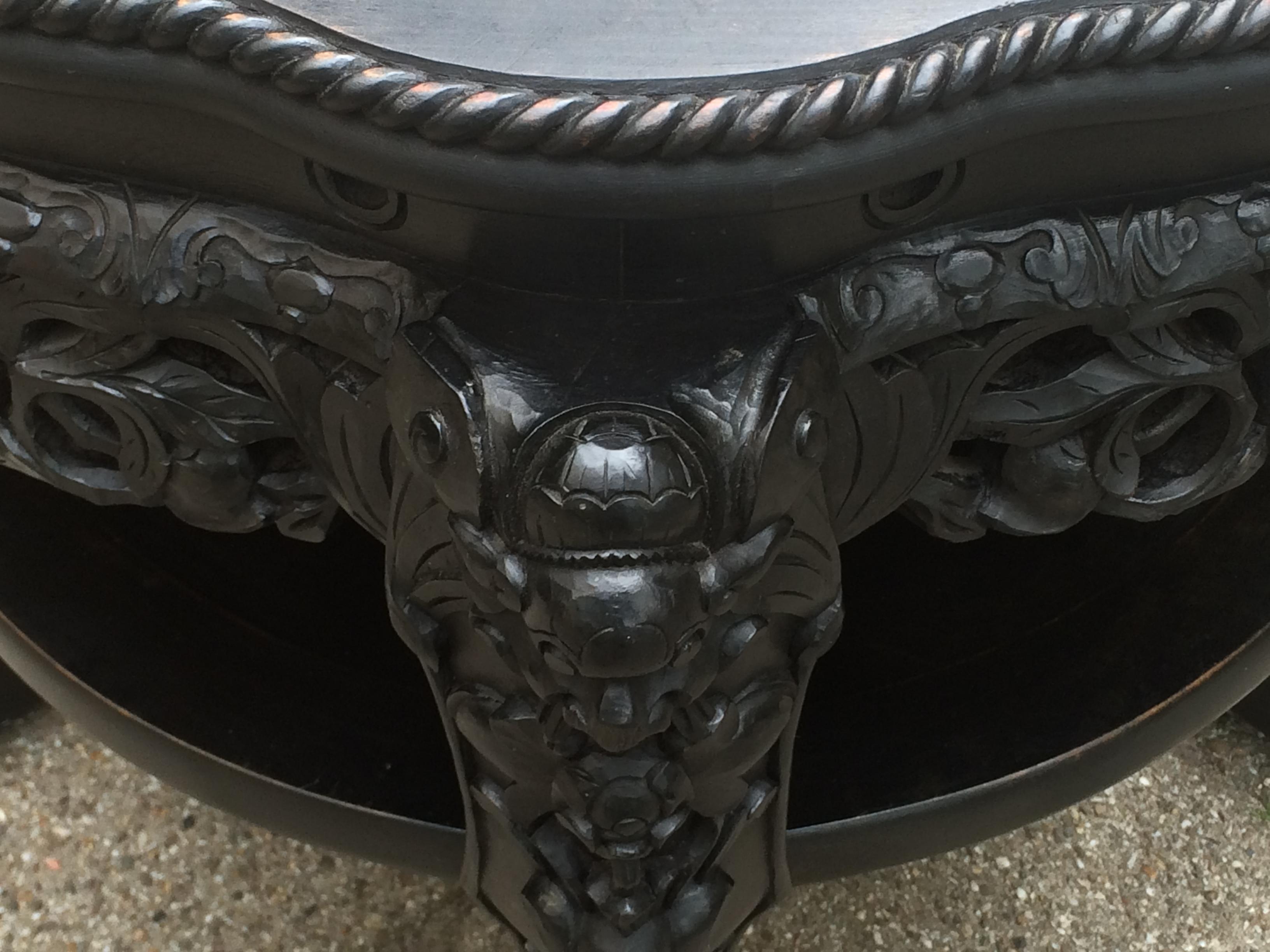 Antique Hand Carved & Ebonized Chinese Plant Stand / End Table with Marble Top For Sale 1