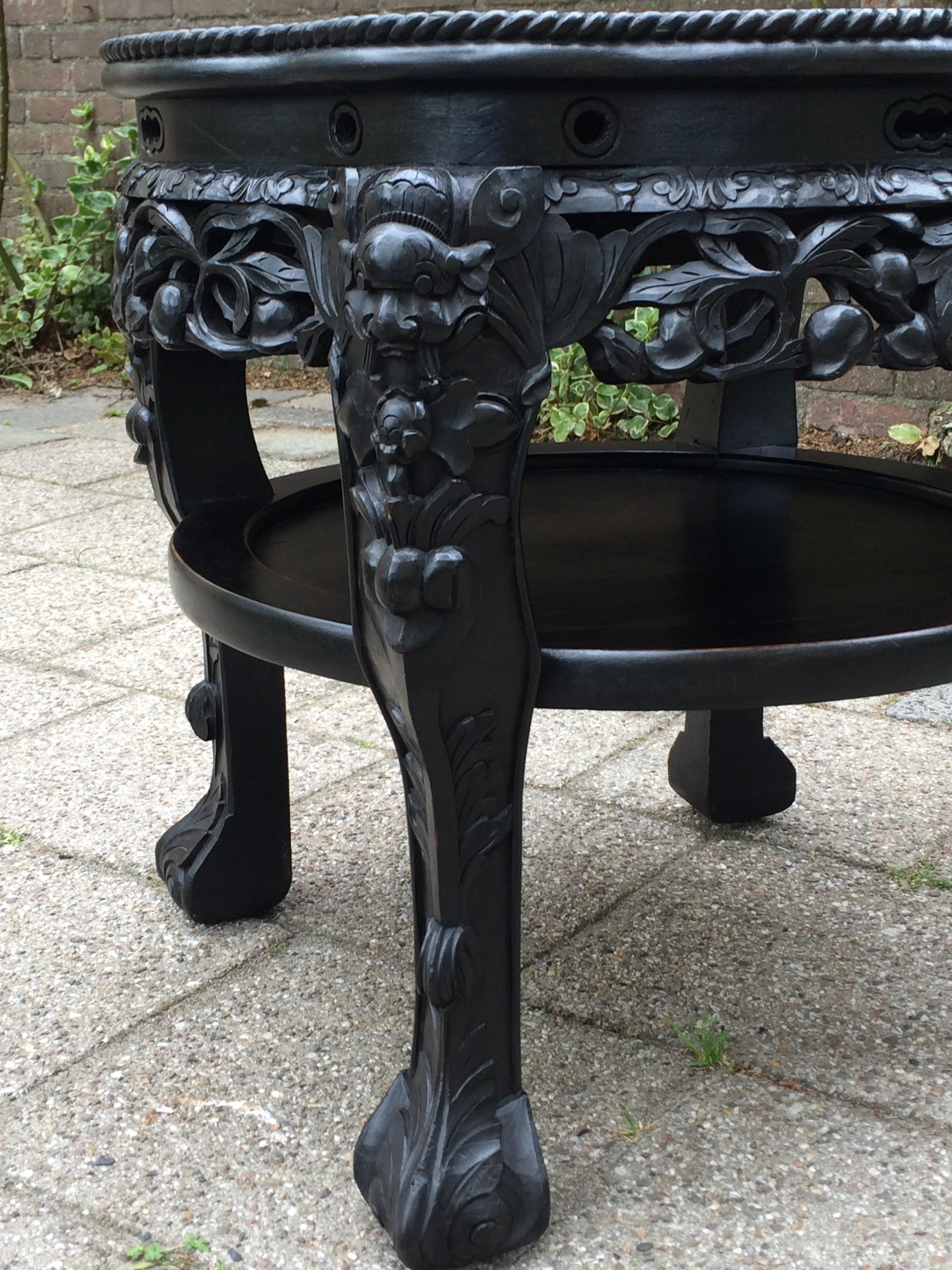 Antique Hand Carved & Ebonized Chinese Plant Stand / End Table with Marble Top For Sale 2