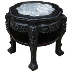 Antique Hand Carved & Ebonized Chinese Plant Stand / End Table with Marble Top