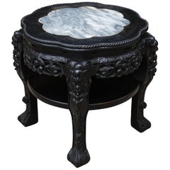 Vintage Hand Carved & Ebonized Chinese Plant Stand / End Table with Marble Top