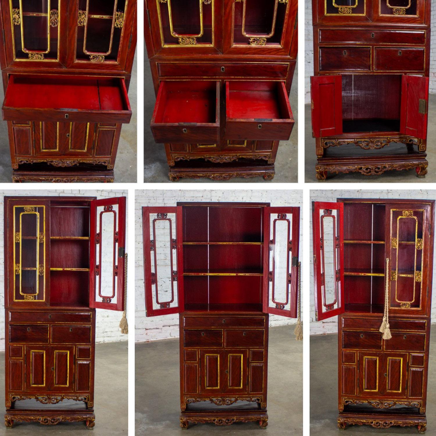Antique Chinese Hand Carved & Gilded 3 Part Stacking Display or China Cabinet For Sale 5