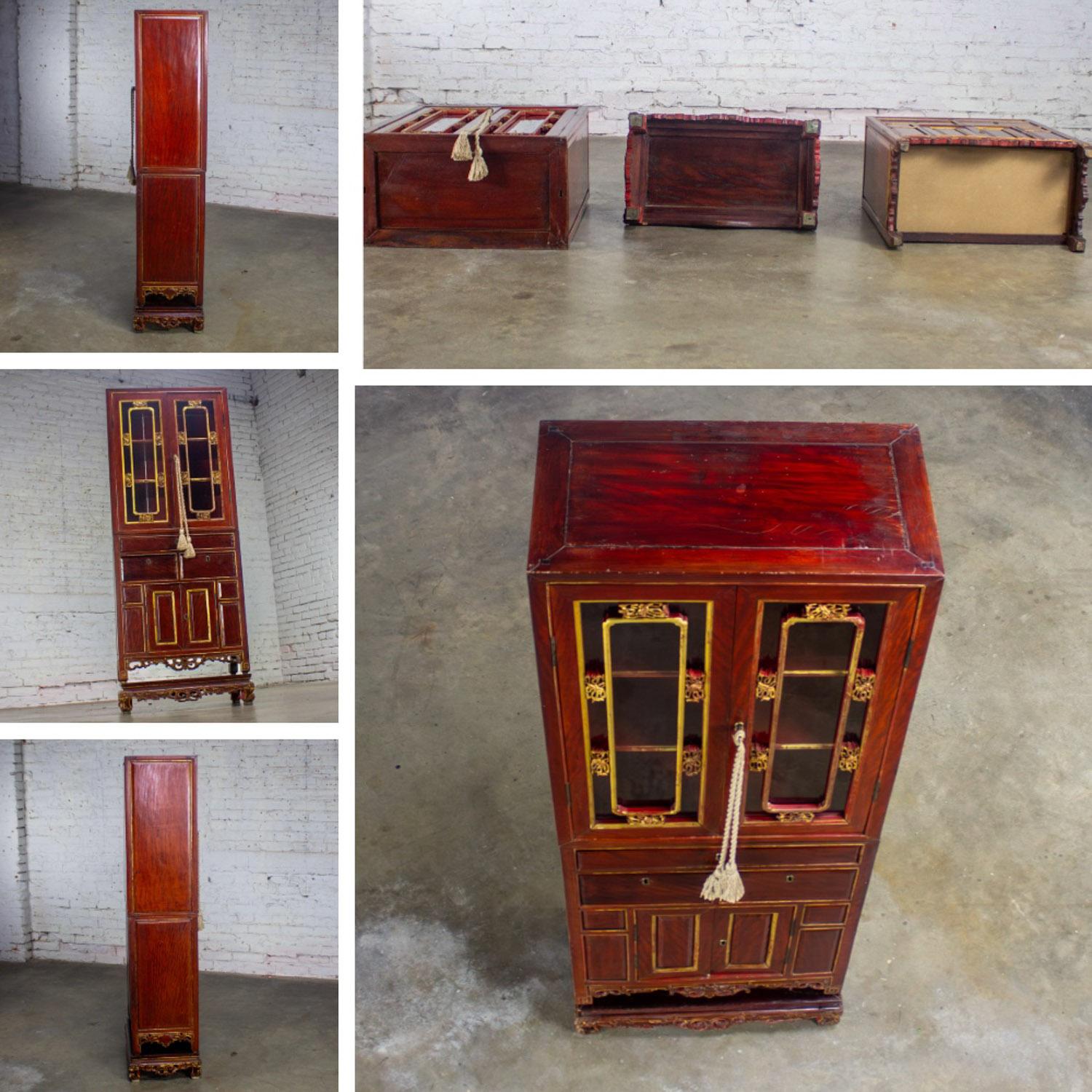 Antique Chinese Hand Carved & Gilded 3 Part Stacking Display or China Cabinet For Sale 11