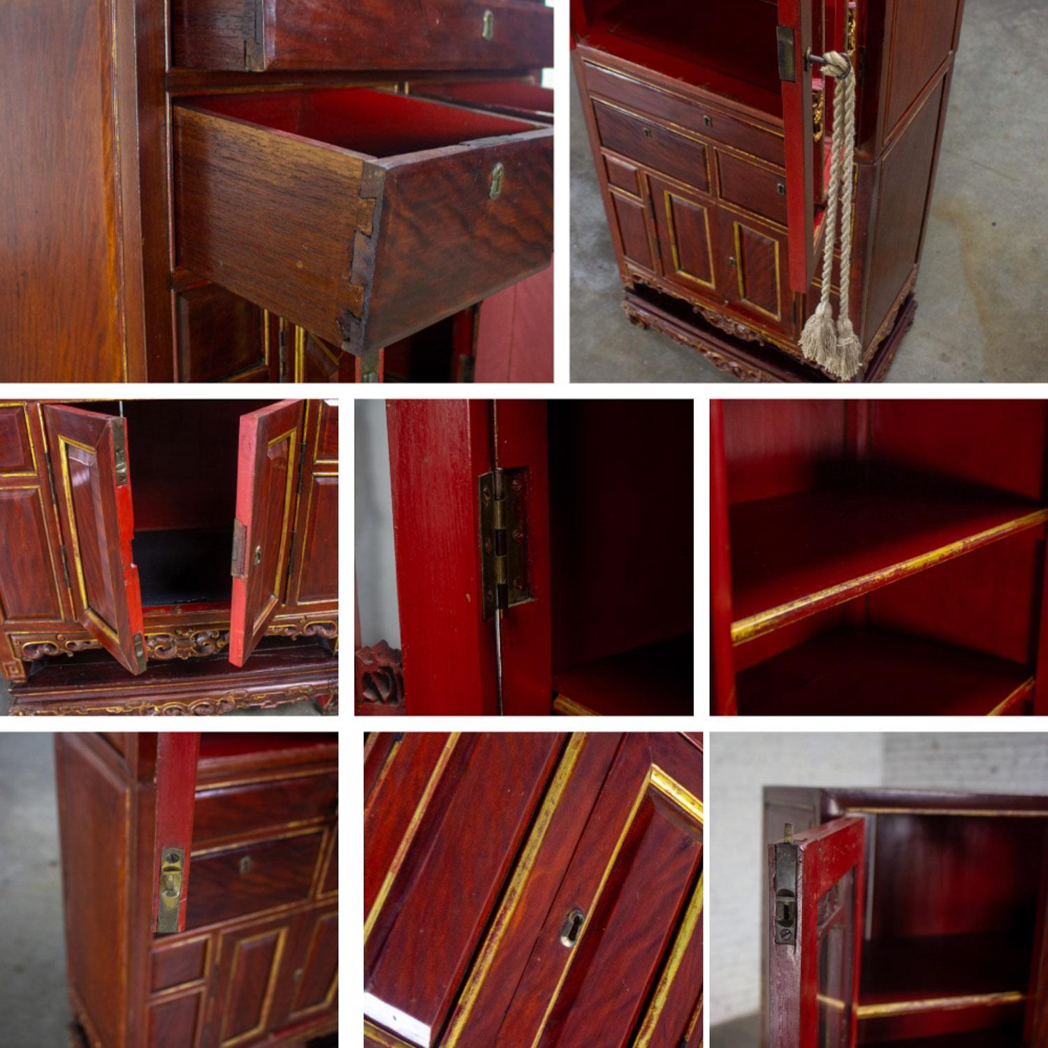 Antique Chinese Hand Carved & Gilded 3 Part Stacking Display or China Cabinet For Sale 12