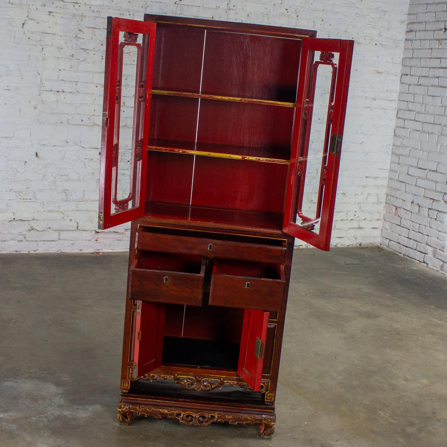 Chinese Export Antique Chinese Hand Carved & Gilded 3 Part Stacking Display or China Cabinet For Sale
