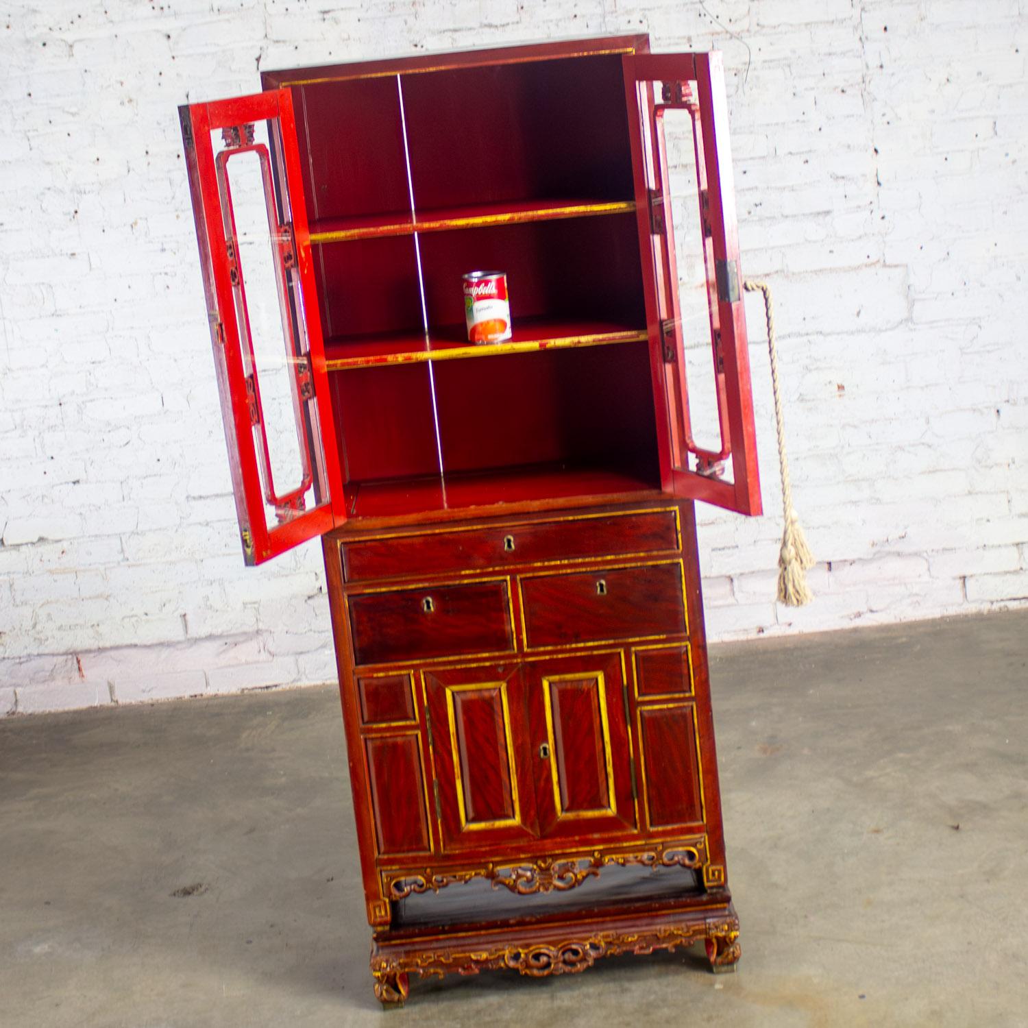Antique Chinese Hand Carved & Gilded 3 Part Stacking Display or China Cabinet In Good Condition For Sale In Topeka, KS
