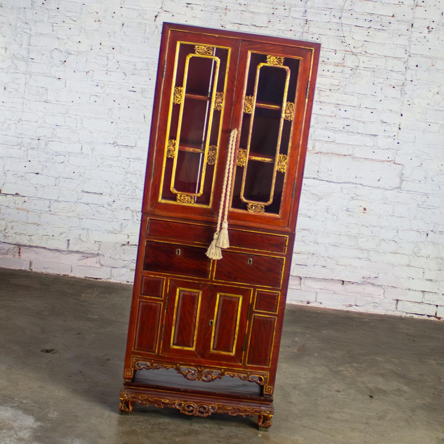 Glass Antique Chinese Hand Carved & Gilded 3 Part Stacking Display or China Cabinet For Sale