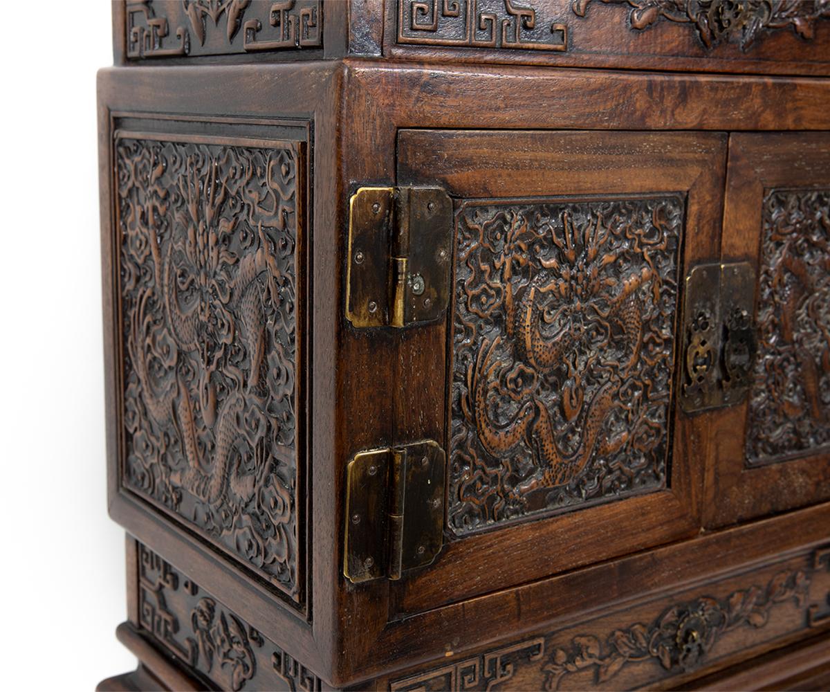 Antique Chinese Hand Carved Hardwood Table Top Dragon Cabinet 4