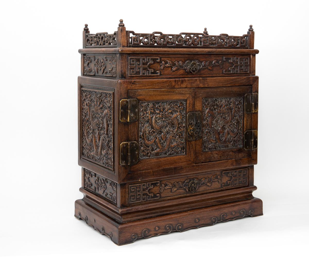 Chinese Export Antique Chinese Hand Carved Hardwood Table Top Dragon Cabinet