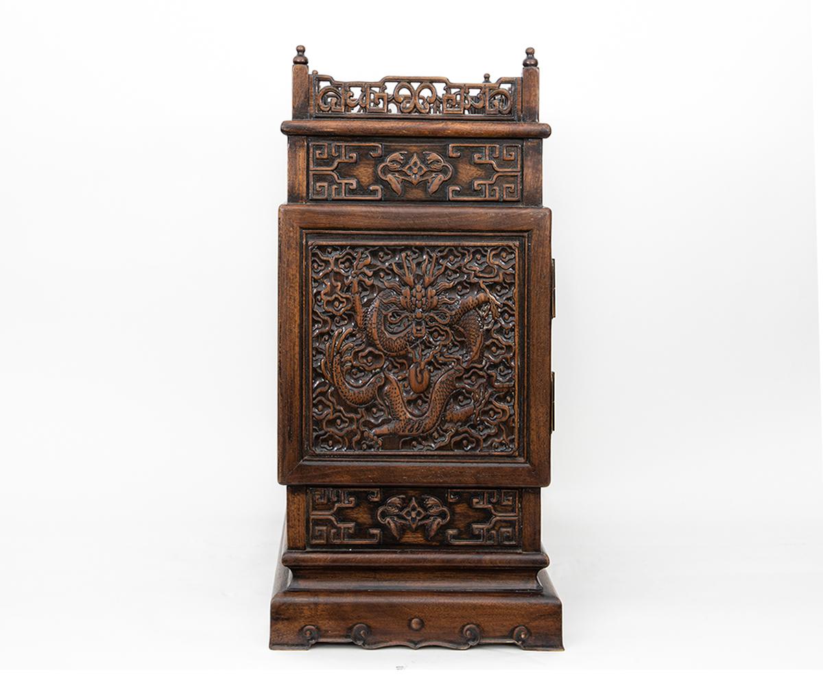 Antique Chinese Hand Carved Hardwood Table Top Dragon Cabinet In Good Condition In Laguna Beach, CA