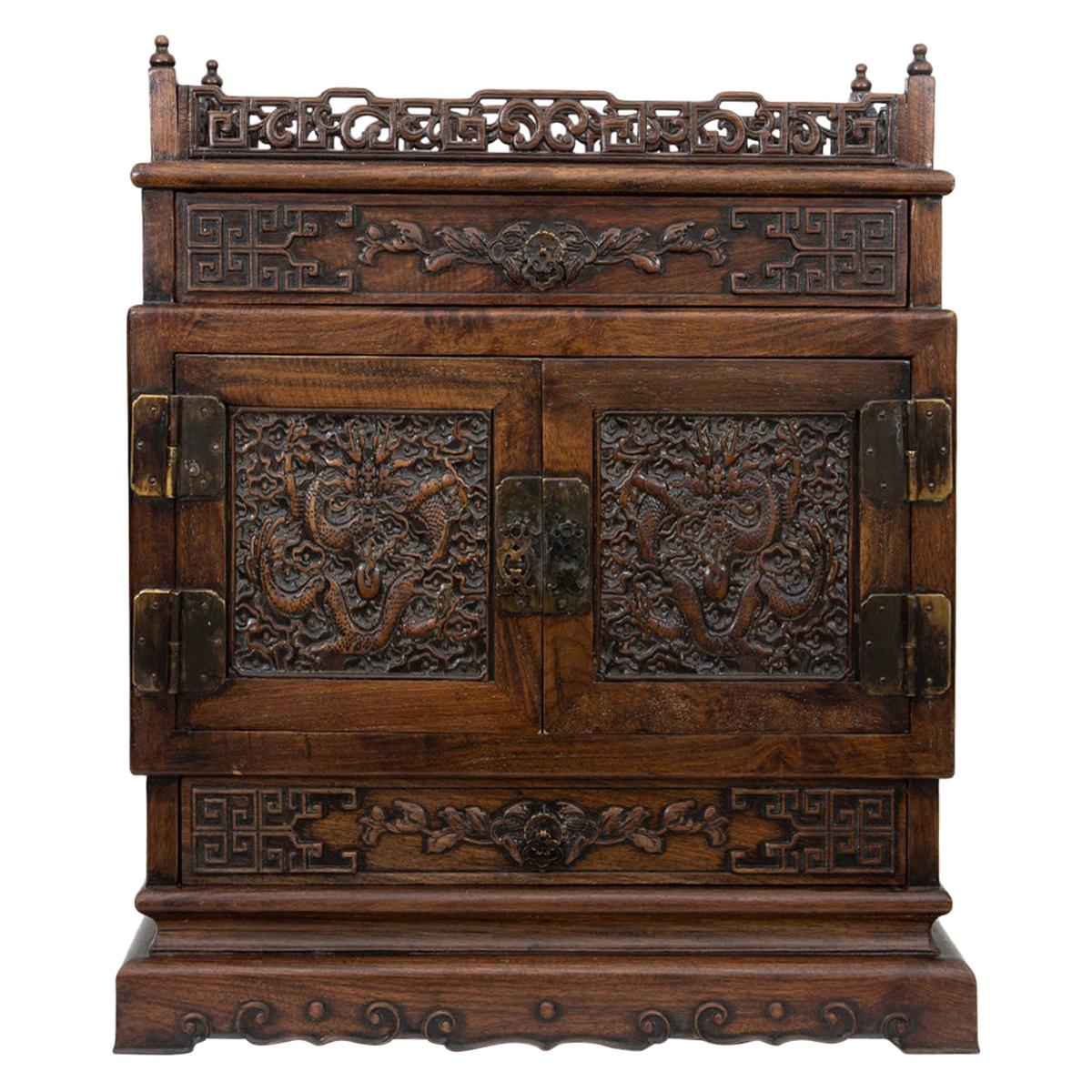 Antique Chinese Hand Carved Hardwood Table Top Dragon Cabinet