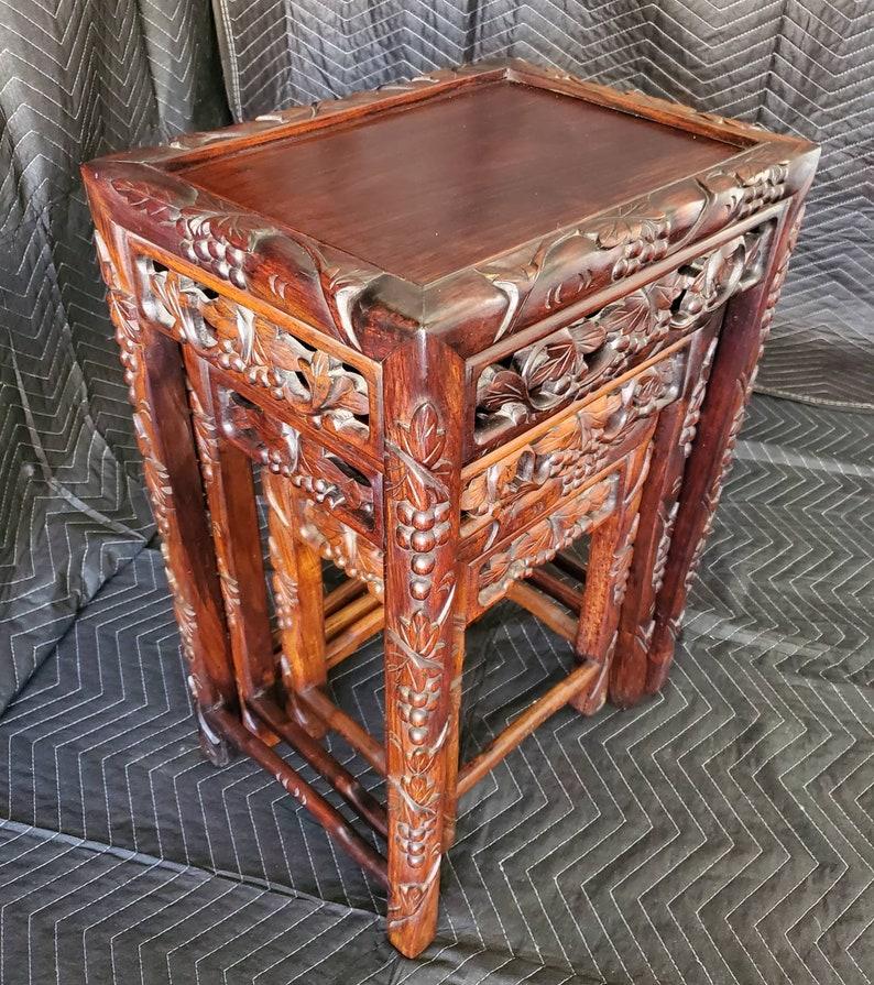 Antique Chinese Hand Carved Nesting Tables In Distressed Condition In Forney, TX