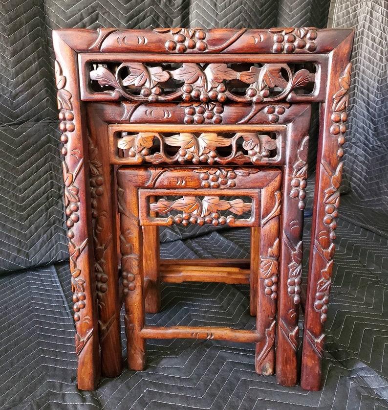 Wood Antique Chinese Hand Carved Nesting Tables