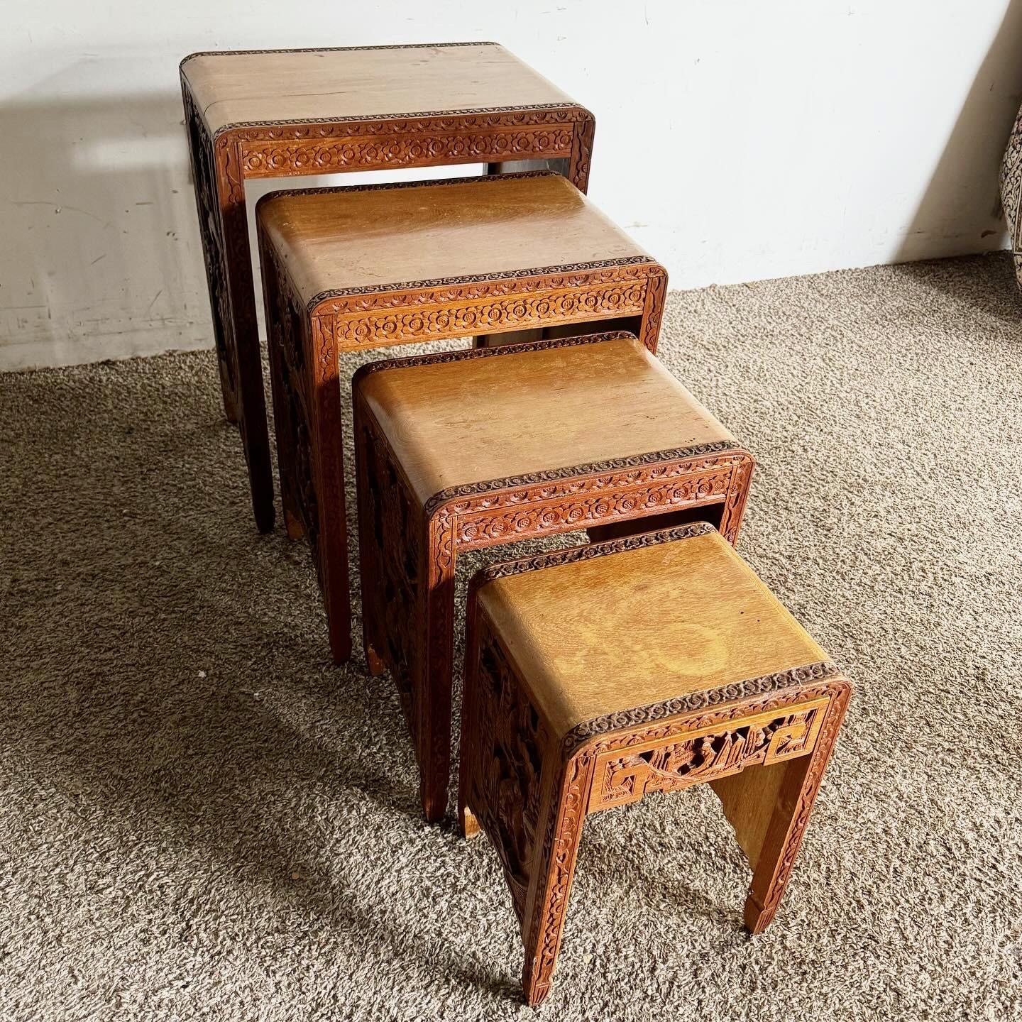 Hong Kong Antique Chinese Hand Carved Nesting Tables - Set of 4