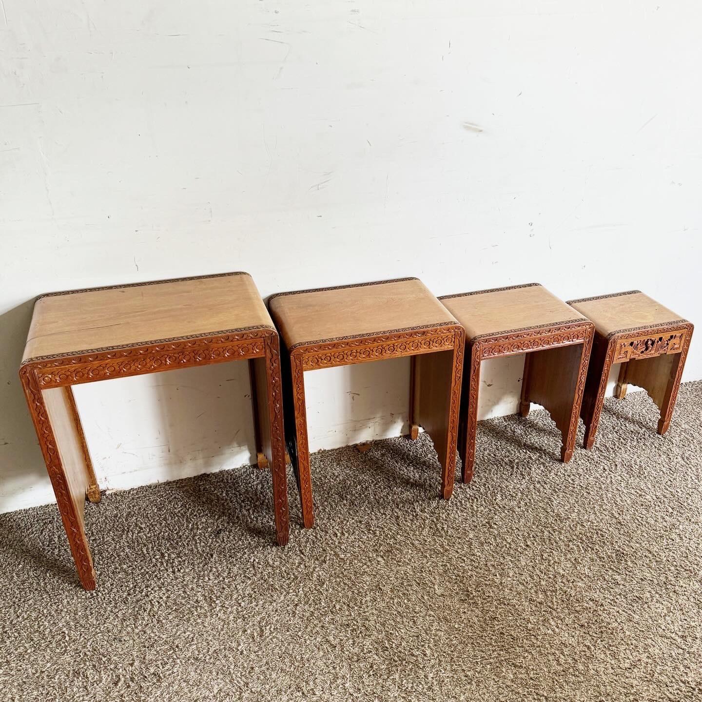 20th Century Antique Chinese Hand Carved Nesting Tables - Set of 4