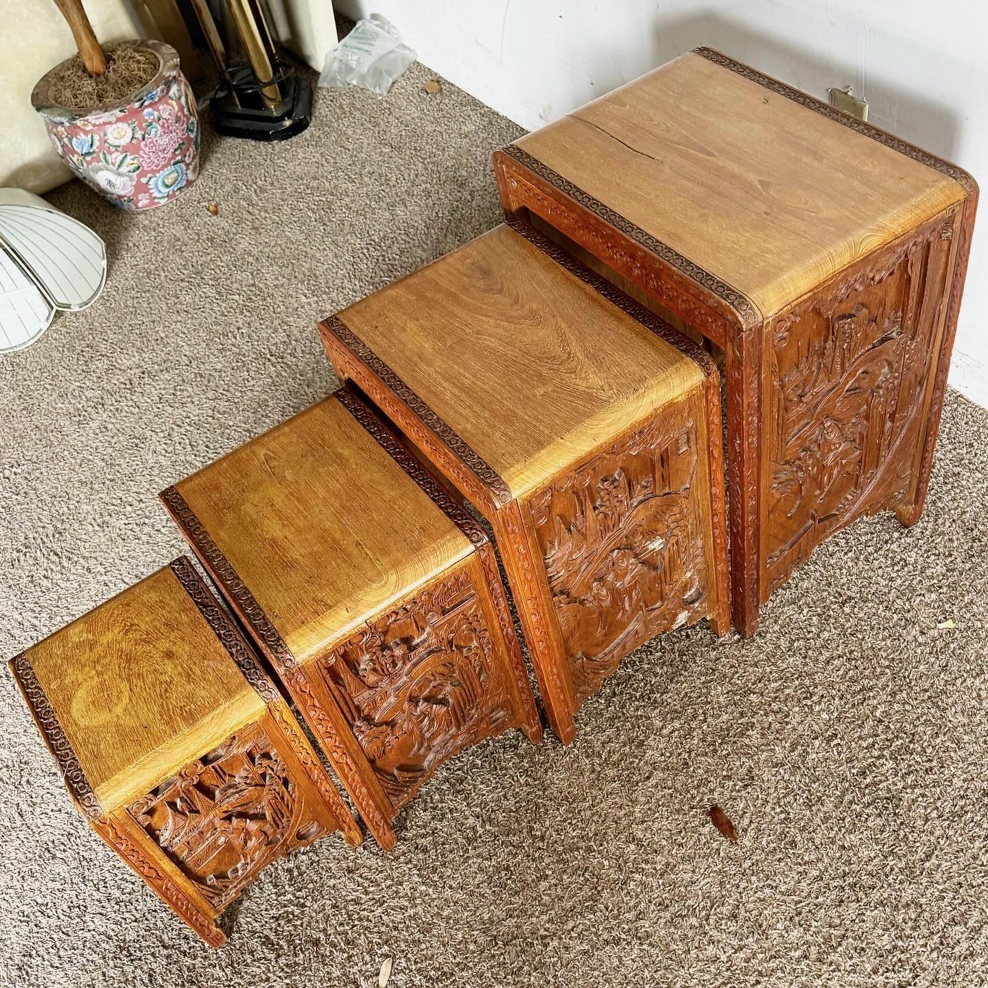 Antique Chinese Hand Carved Nesting Tables - Set of 4 1