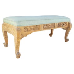 Antique Chinese Hand Carved Upholstered Wooden Long Bench