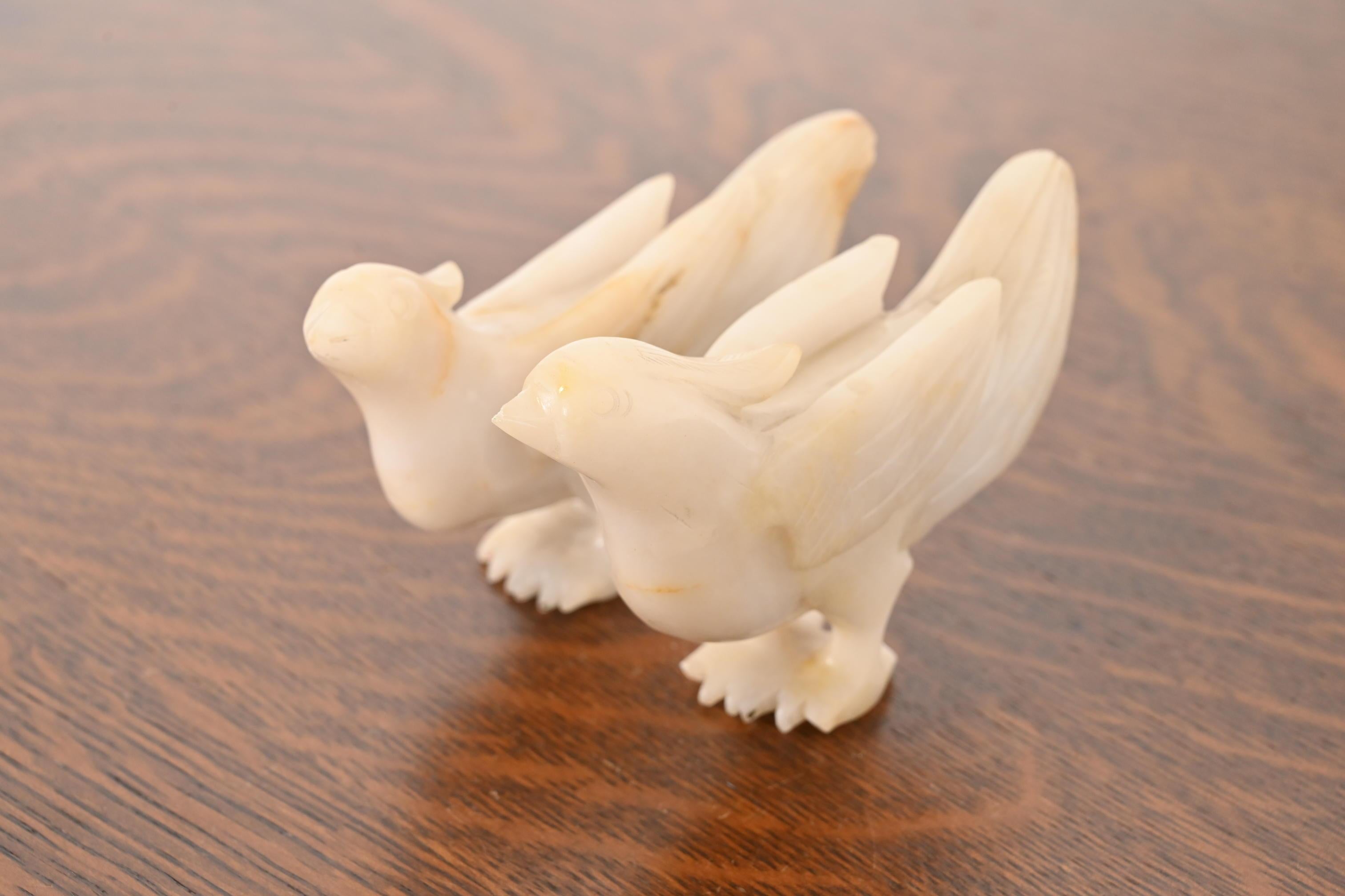 Chinoiserie Antique Chinese Hand Carved White Jade Birds, Pair For Sale