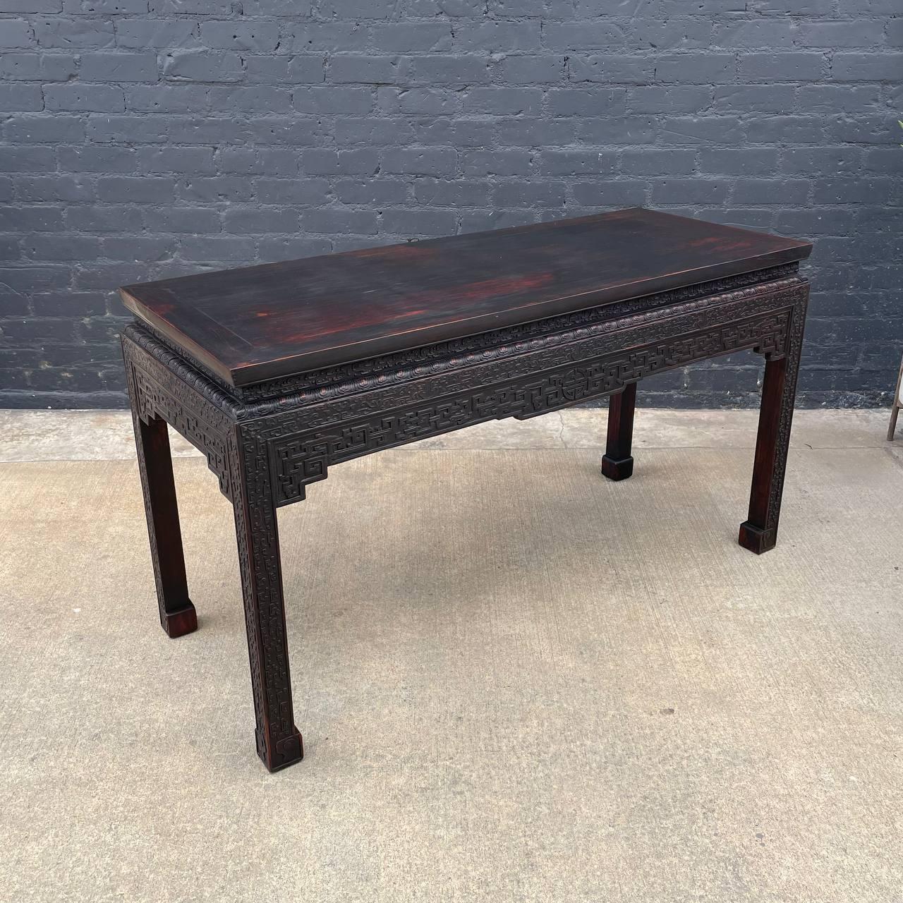 Antique Chinese hand carved wood console table.

Designer: Unknown
Country: United States
Manufacturer: Unknown
Materials: Wood
Style: Chinese Antique
Year: 1950s

$3,500

Dimensions:
34.50”H x 62”W x 24.50”D.