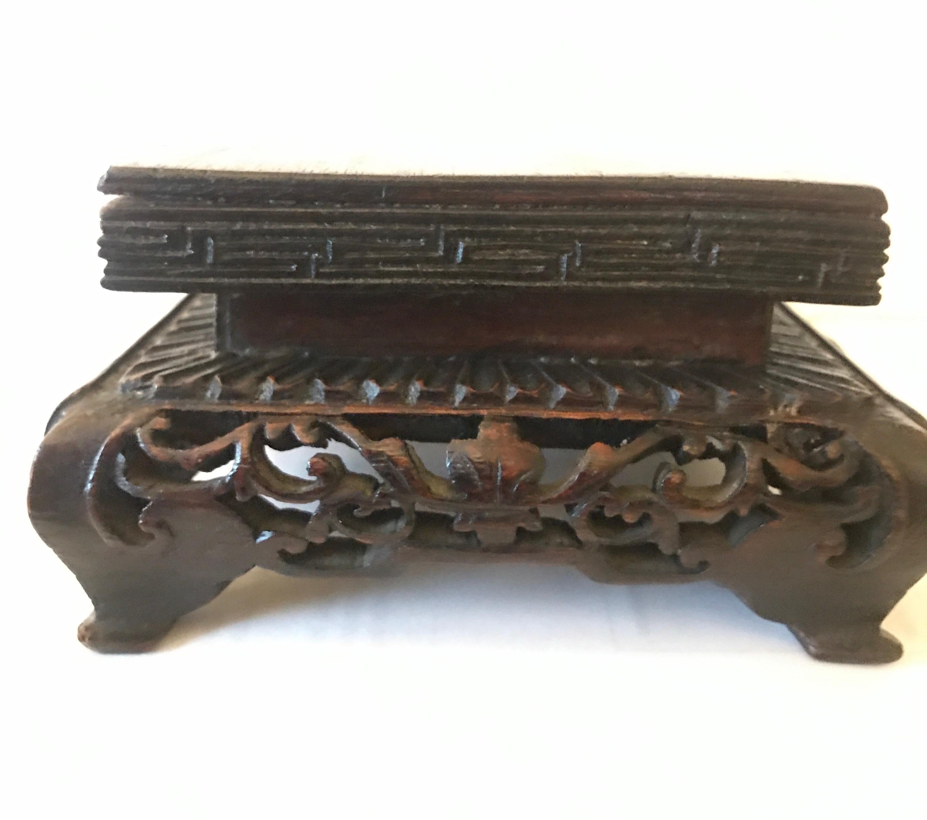 Beautifully carved rectangular stand, Chinese 19th century circa 1880. The smooth top with hand carved apron and legs, the top is 6 inches by 3.5 inches, 2.5 inches tall.