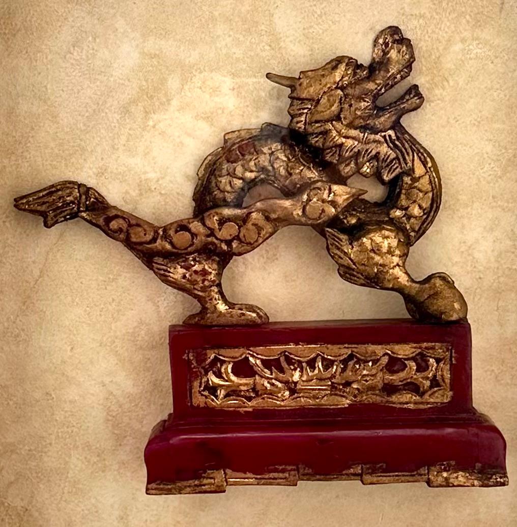 Chinese Export Antique Chinese Hand Carved Wood Gilt Dragon in Shadow Box. For Sale