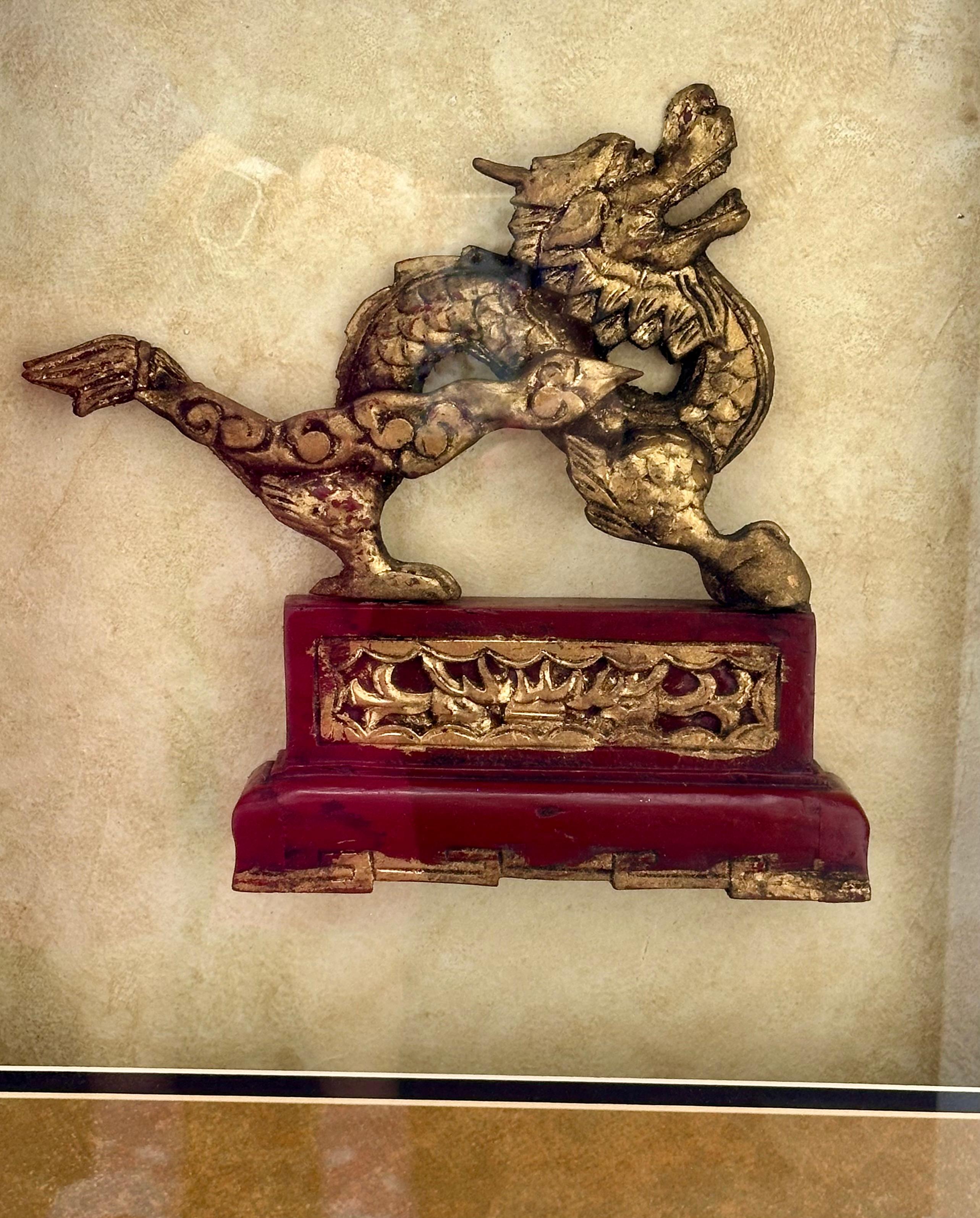 Antique Chinese Hand Carved Wood Gilt Dragon in Shadow Box. In Good Condition For Sale In Vero Beach, FL