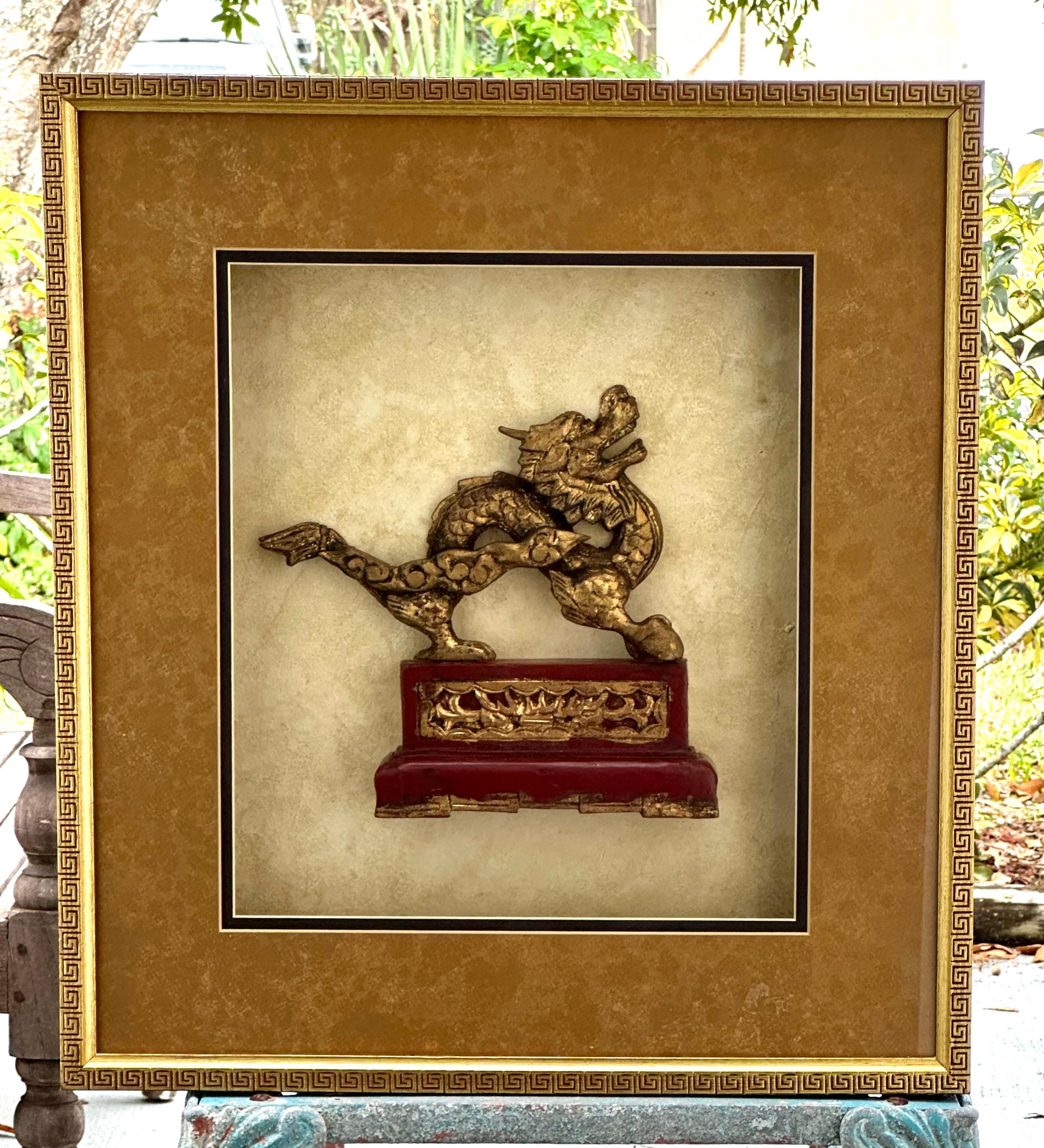 19th Century Antique Chinese Hand Carved Wood Gilt Dragon in Shadow Box. For Sale