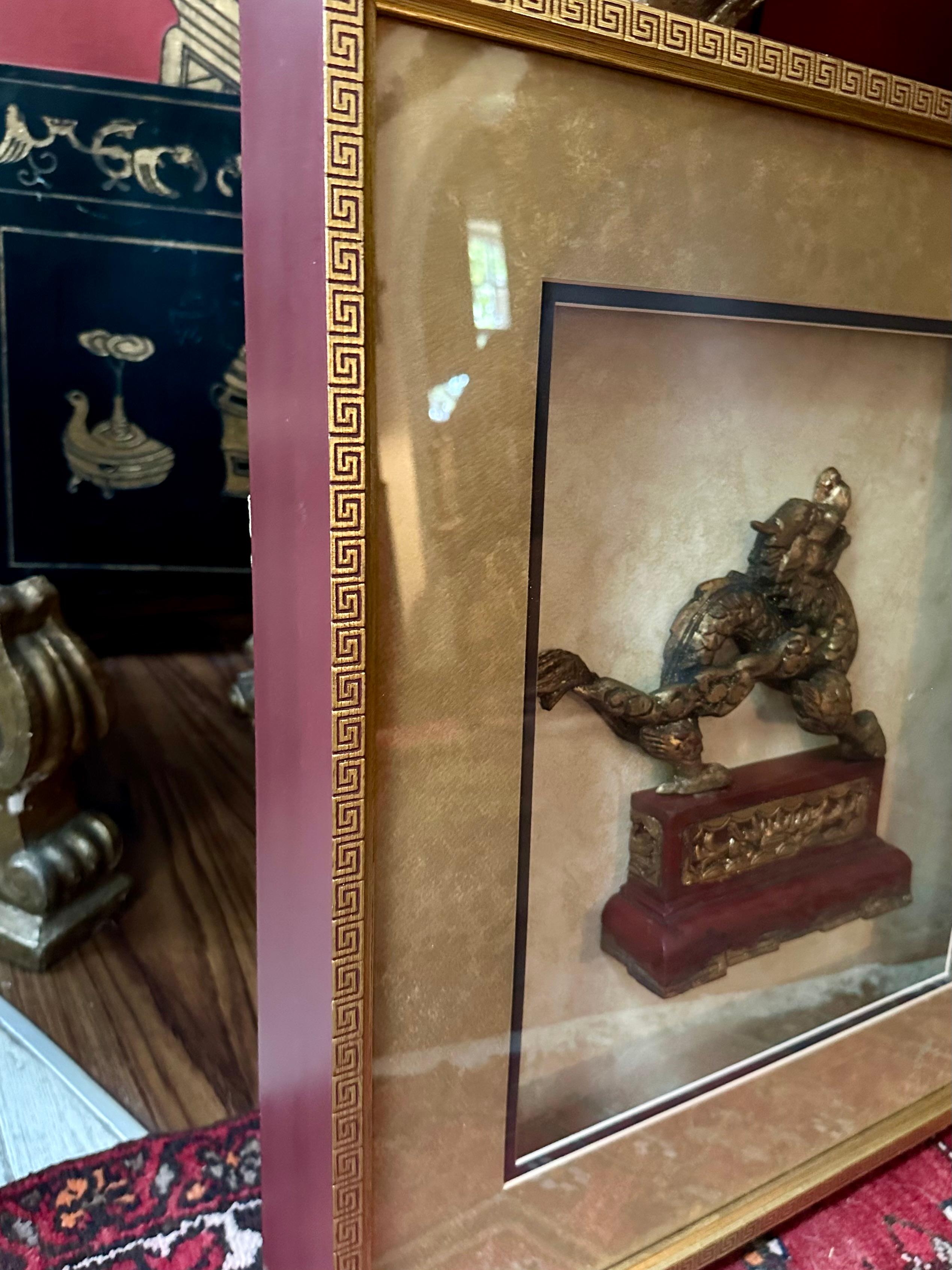 Antique Chinese Hand Carved Wood Gilt Dragon in Shadow Box. For Sale 1