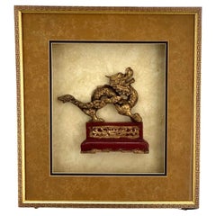Antique Chinese Hand Carved Wood Gilt Dragon in Shadow Box.
