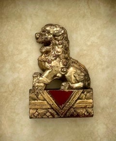 Antique Chinese Hand Carved Wood Gilt Foo Dog in Shadow Box.