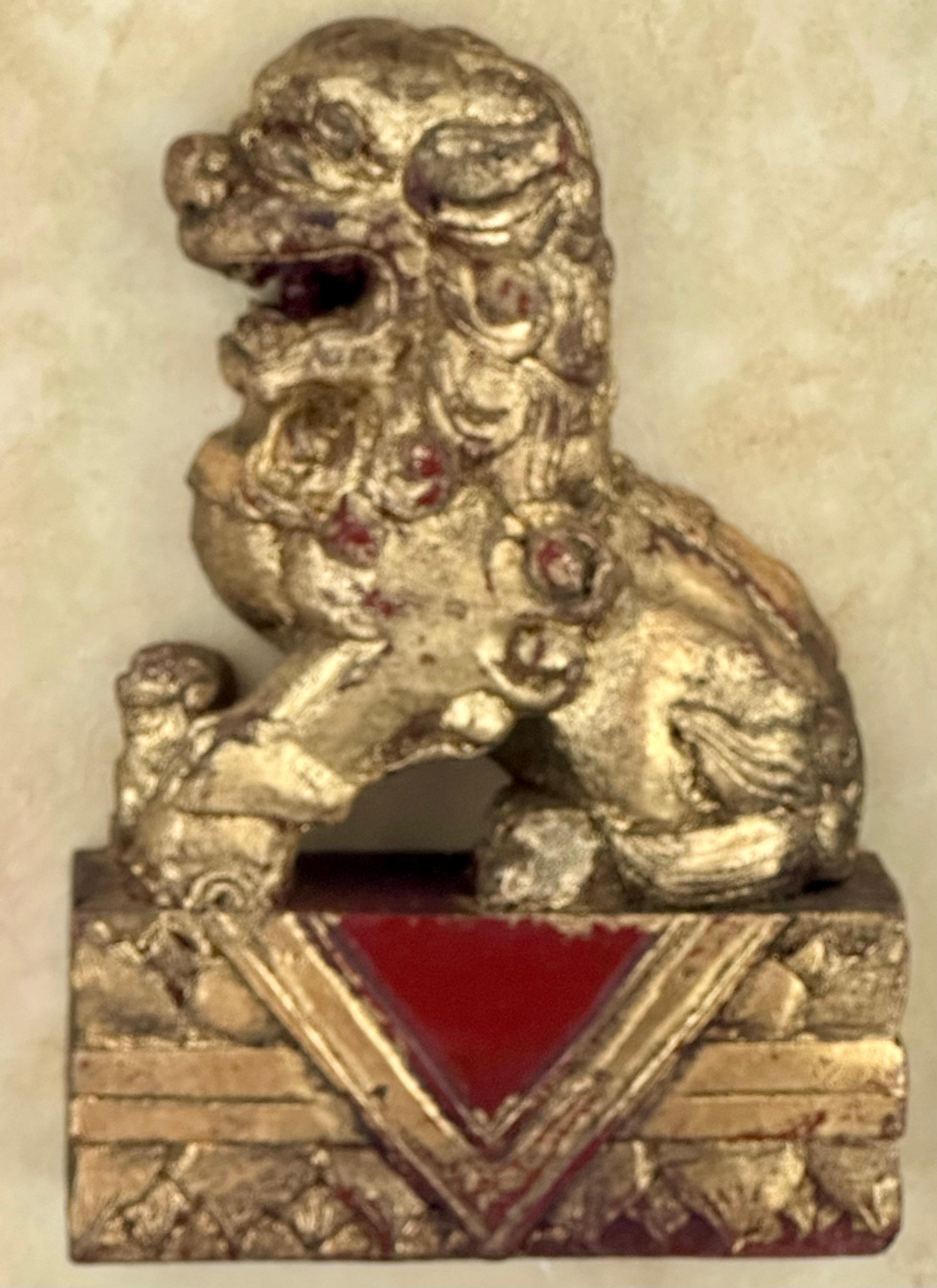 Chinese Export Antique Chinese Hand Carved Wood Gilt Foo Dog in Shadow Box. For Sale