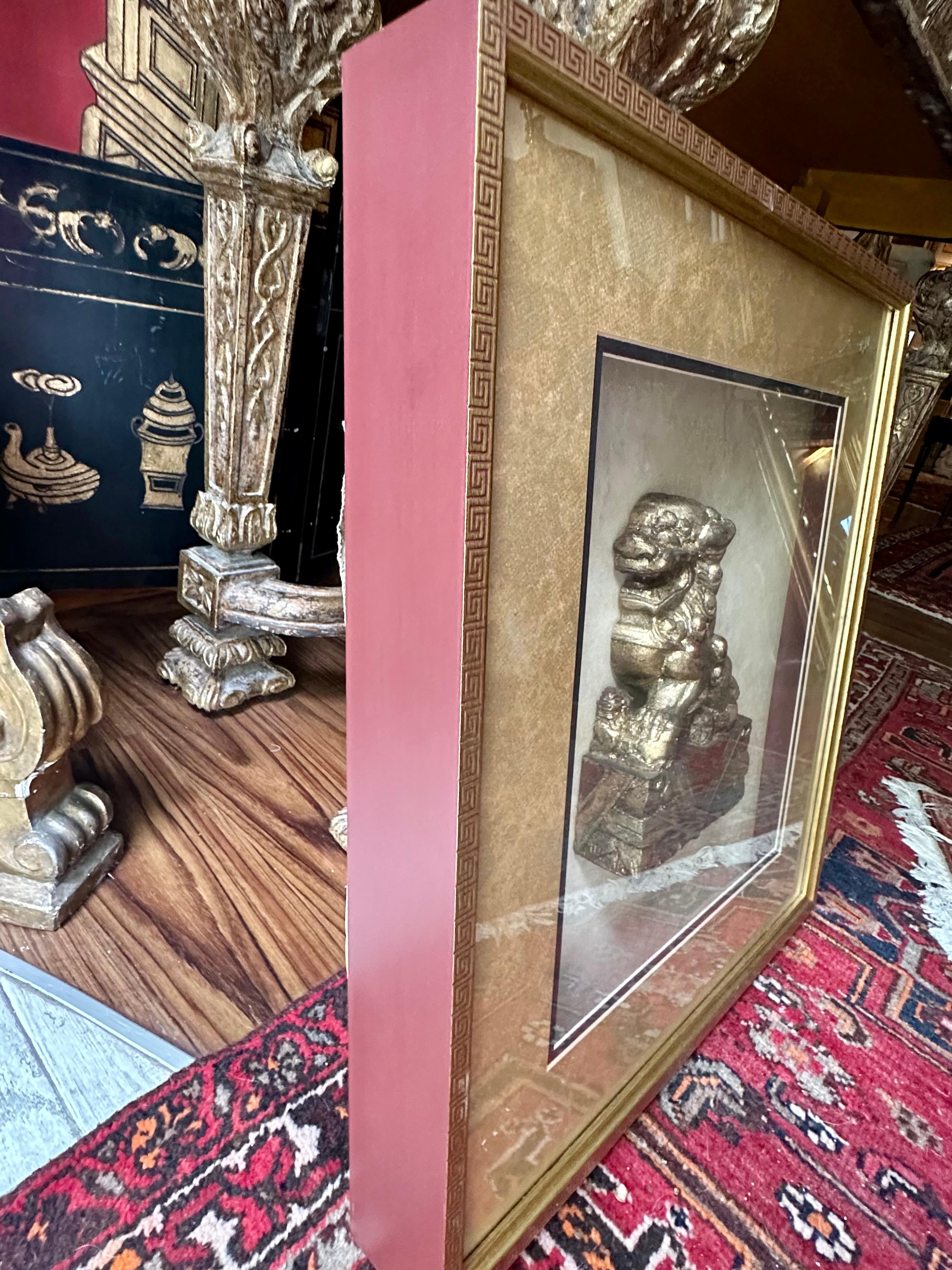 Hand-Carved Antique Chinese Hand Carved Wood Gilt Foo Dog in Shadow Box. For Sale
