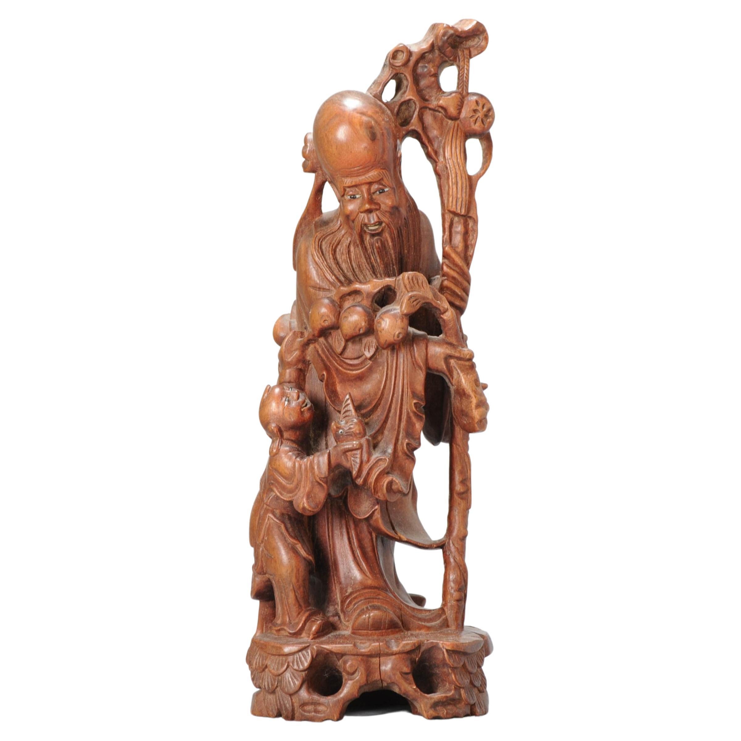 Antique Chinese Hand Carved Wood Scholars Root Statue of Shou Lao, 20th Century For Sale
