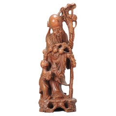 Antico cinese scolpito a mano in Wood Statua di Shou Lao, 20° secolo