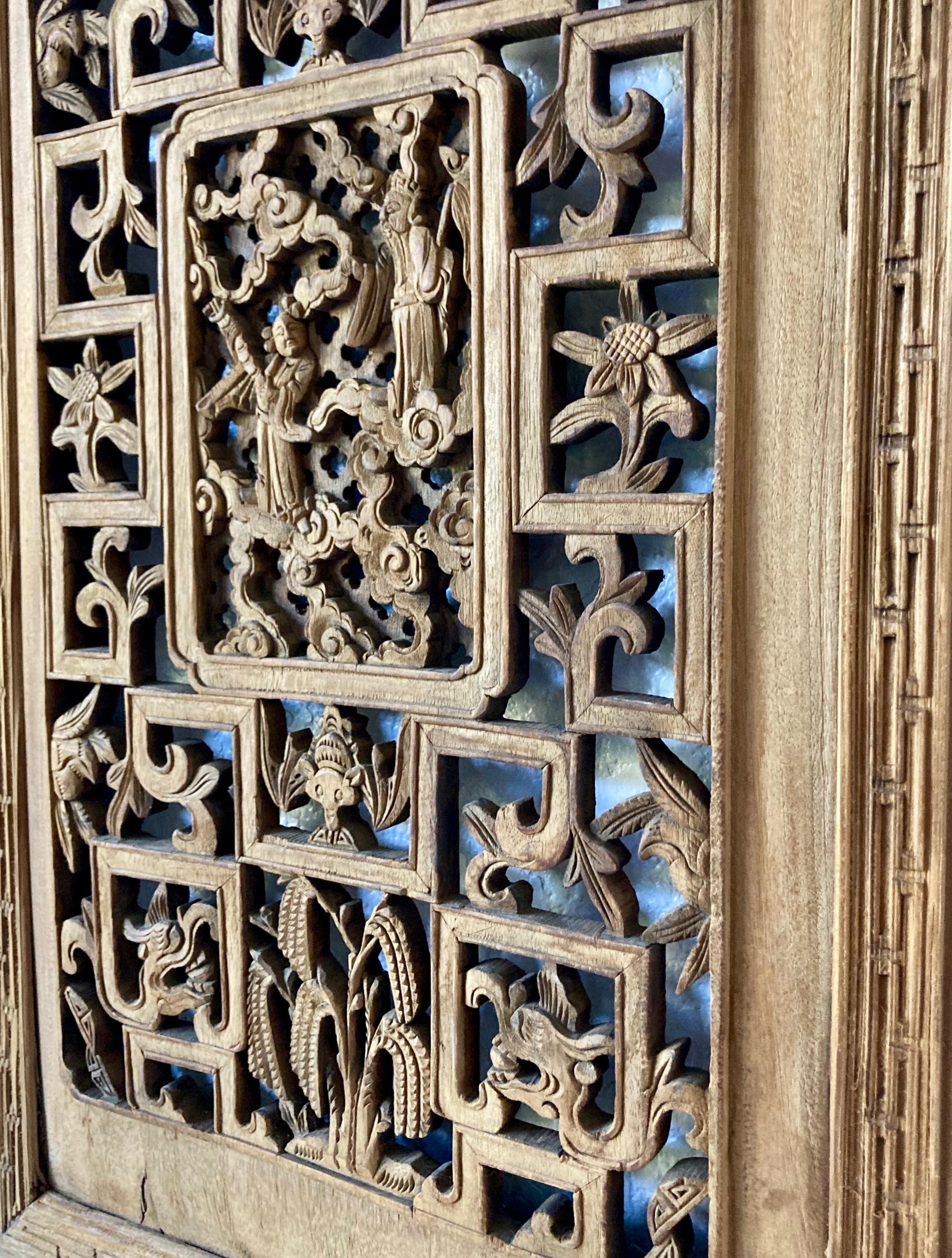 Qing Antique Chinese Carved Wood Window Panel For Sale