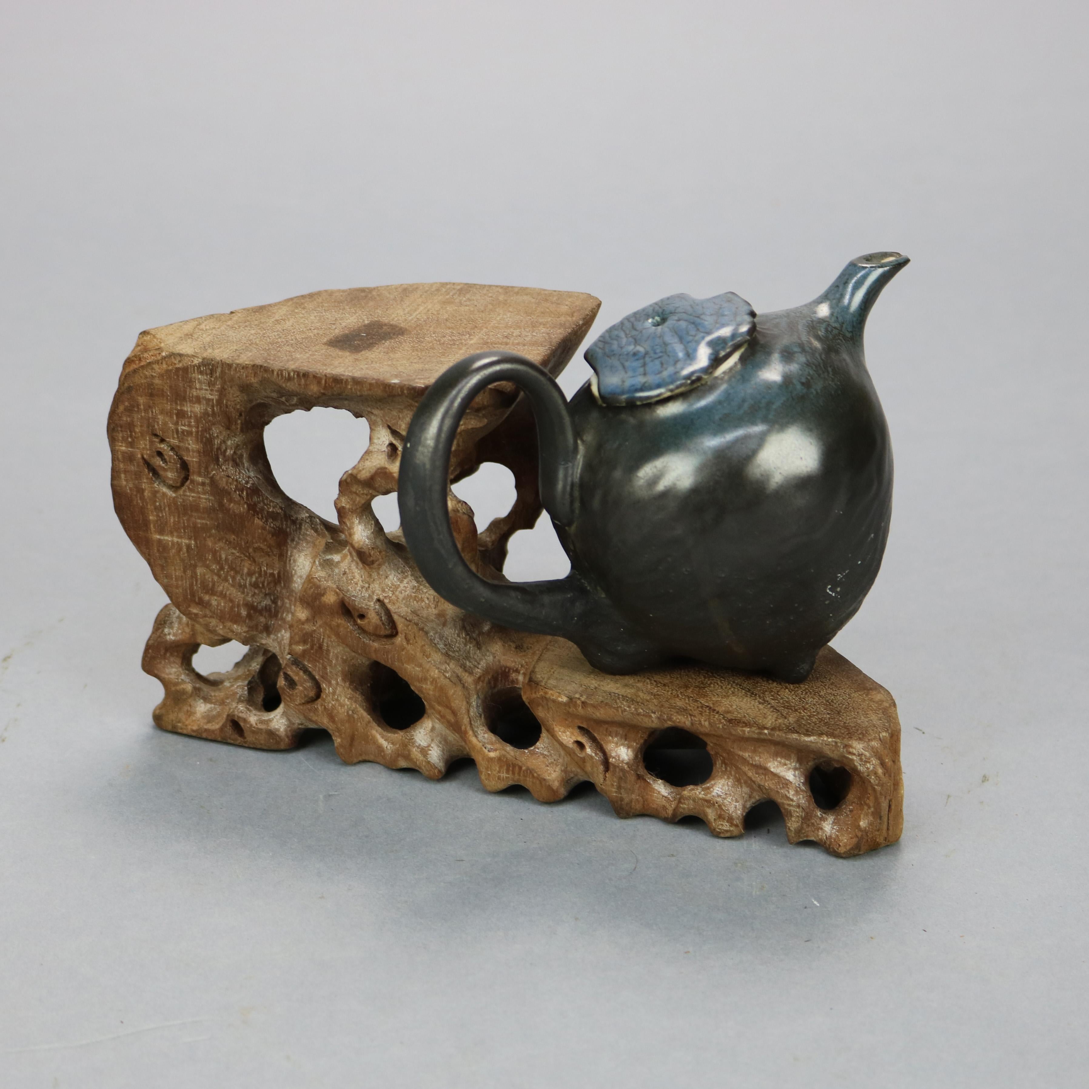19th Century Antique Chinese Hand Crafted Root Form Oriental Pottery & Hardwood Teapot, c1890