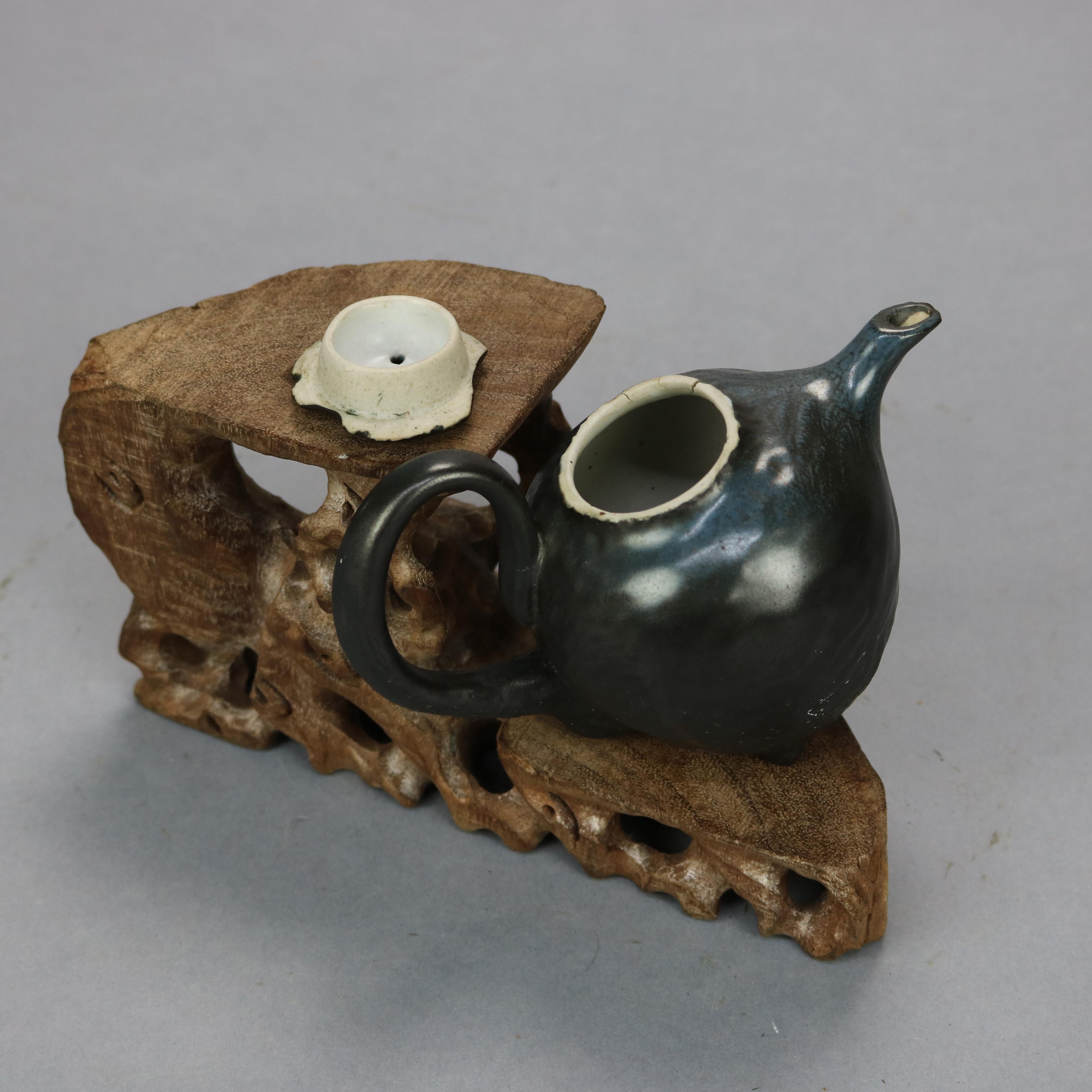 Wood Antique Chinese Hand Crafted Root Form Oriental Pottery & Hardwood Teapot, c1890