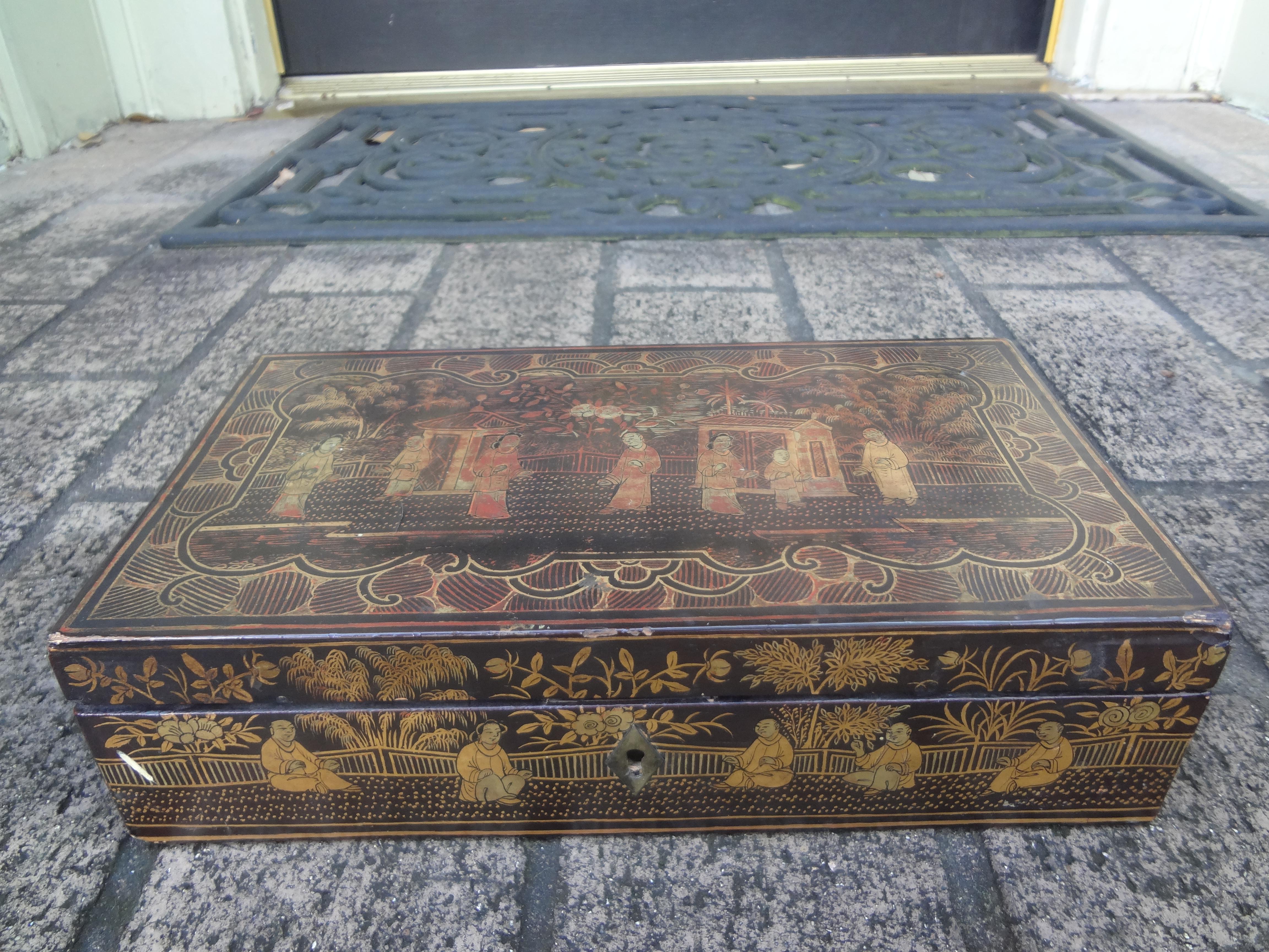Antique Chinese lacquer decorated decorative box. This Stunning Chinese export hand decorated lacquered box is the perfect accessory for a coffee table or dressing table. Could be used for jewelry or important documents.