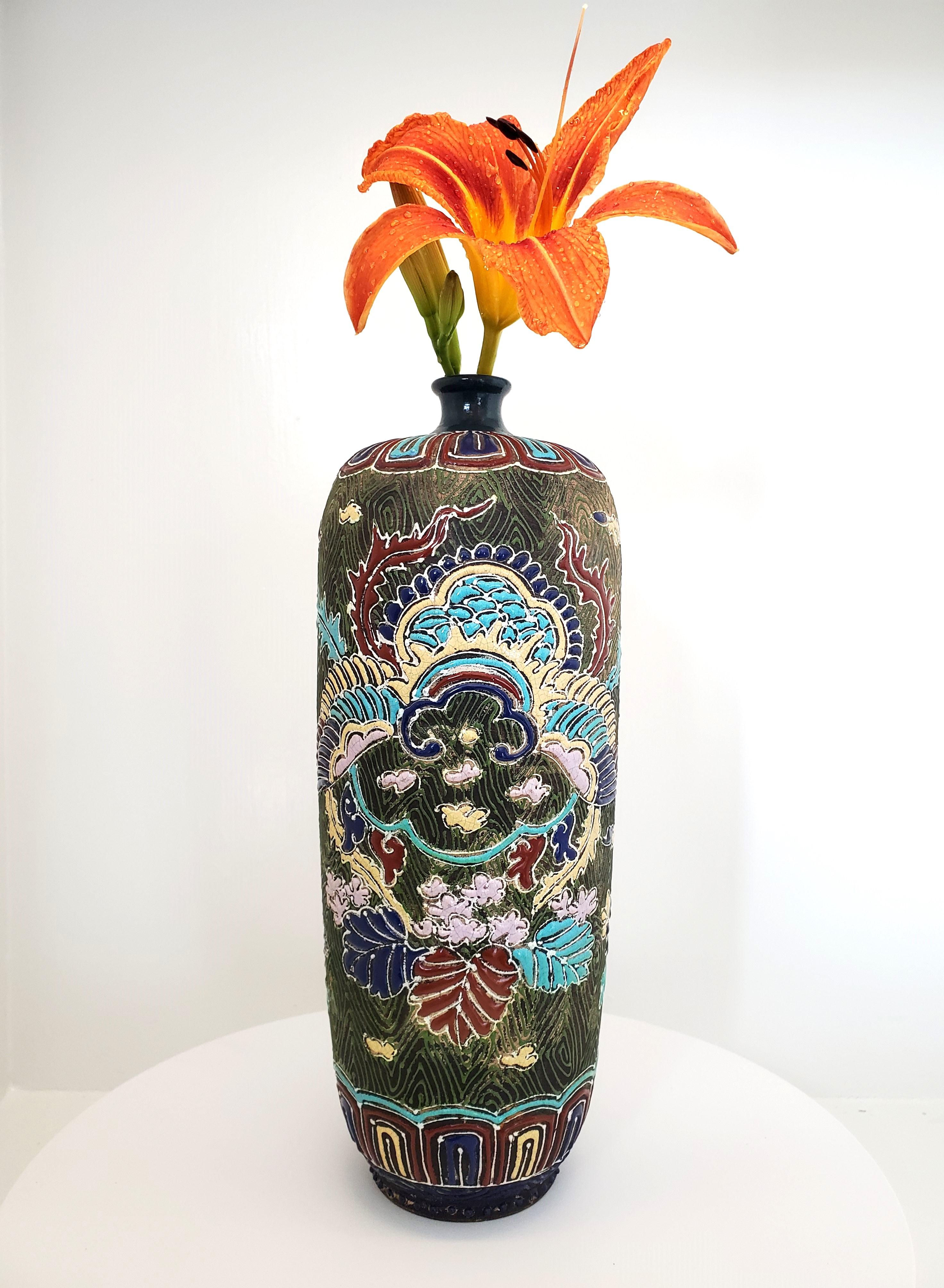 Antique Chinese Hand Enamelled Earthenware Sleeve Vase Signed Ixia For Sale 13