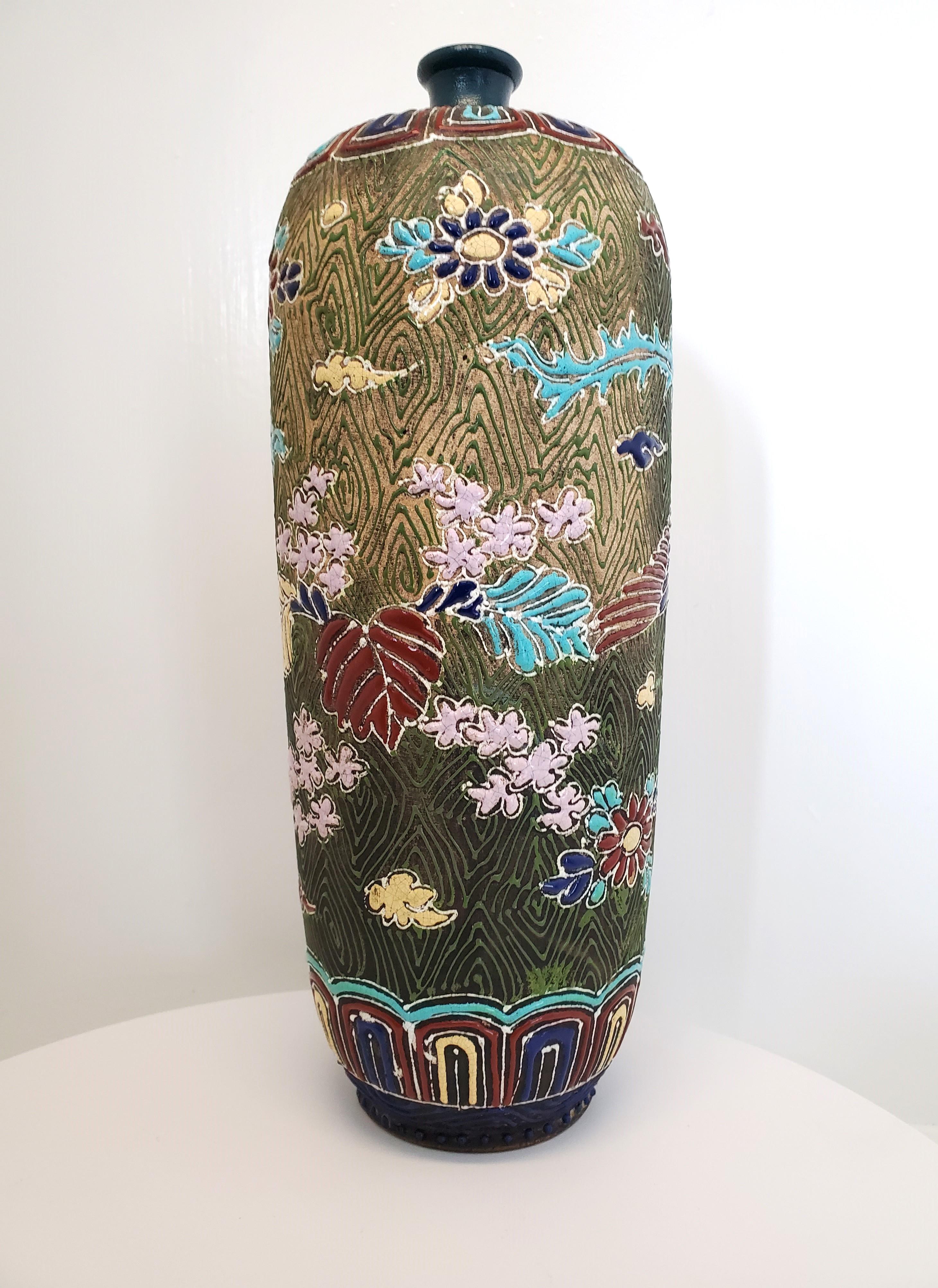 Hand-Crafted Antique Chinese Hand Enamelled Earthenware Sleeve Vase Signed Ixia For Sale
