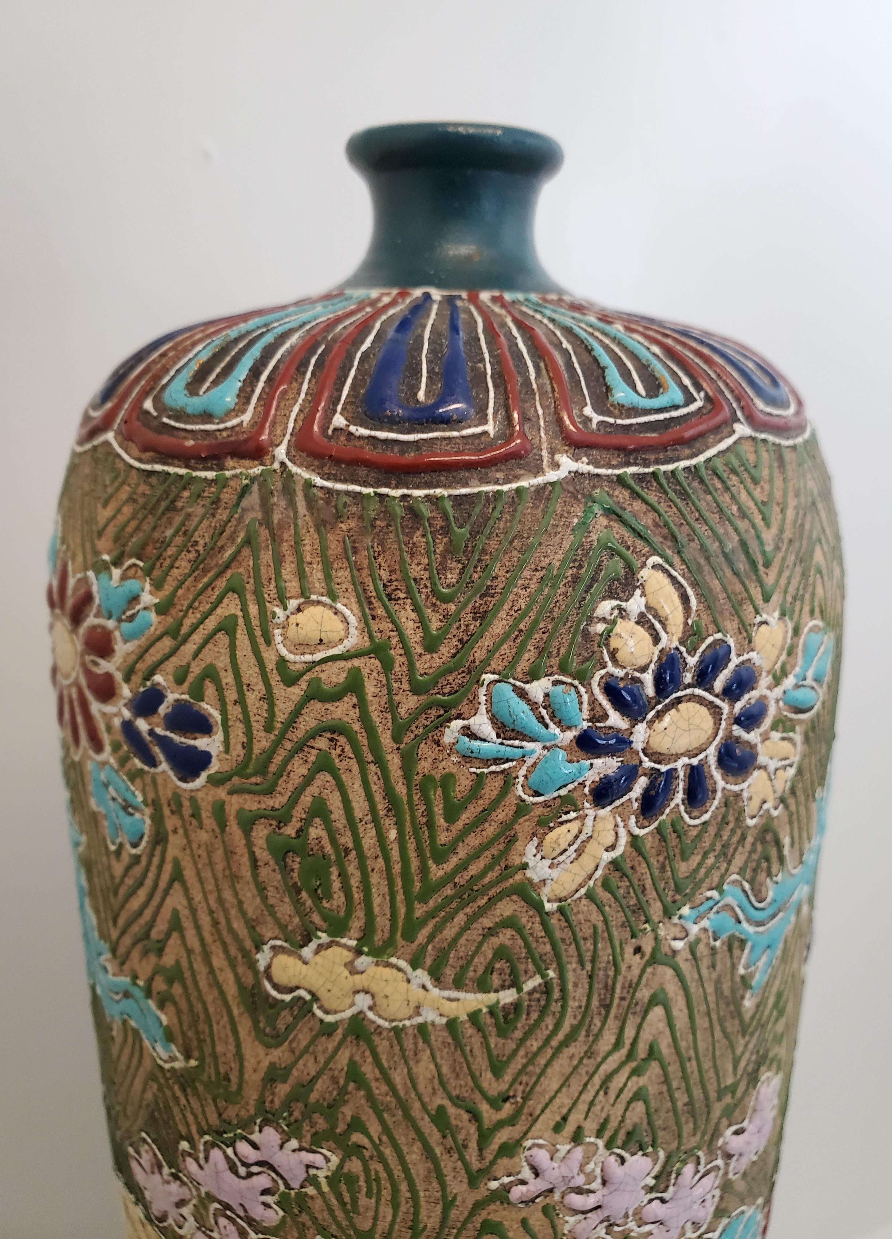 Antique Chinese Hand Enamelled Earthenware Sleeve Vase Signed Ixia In Good Condition For Sale In Nova Scotia, NS