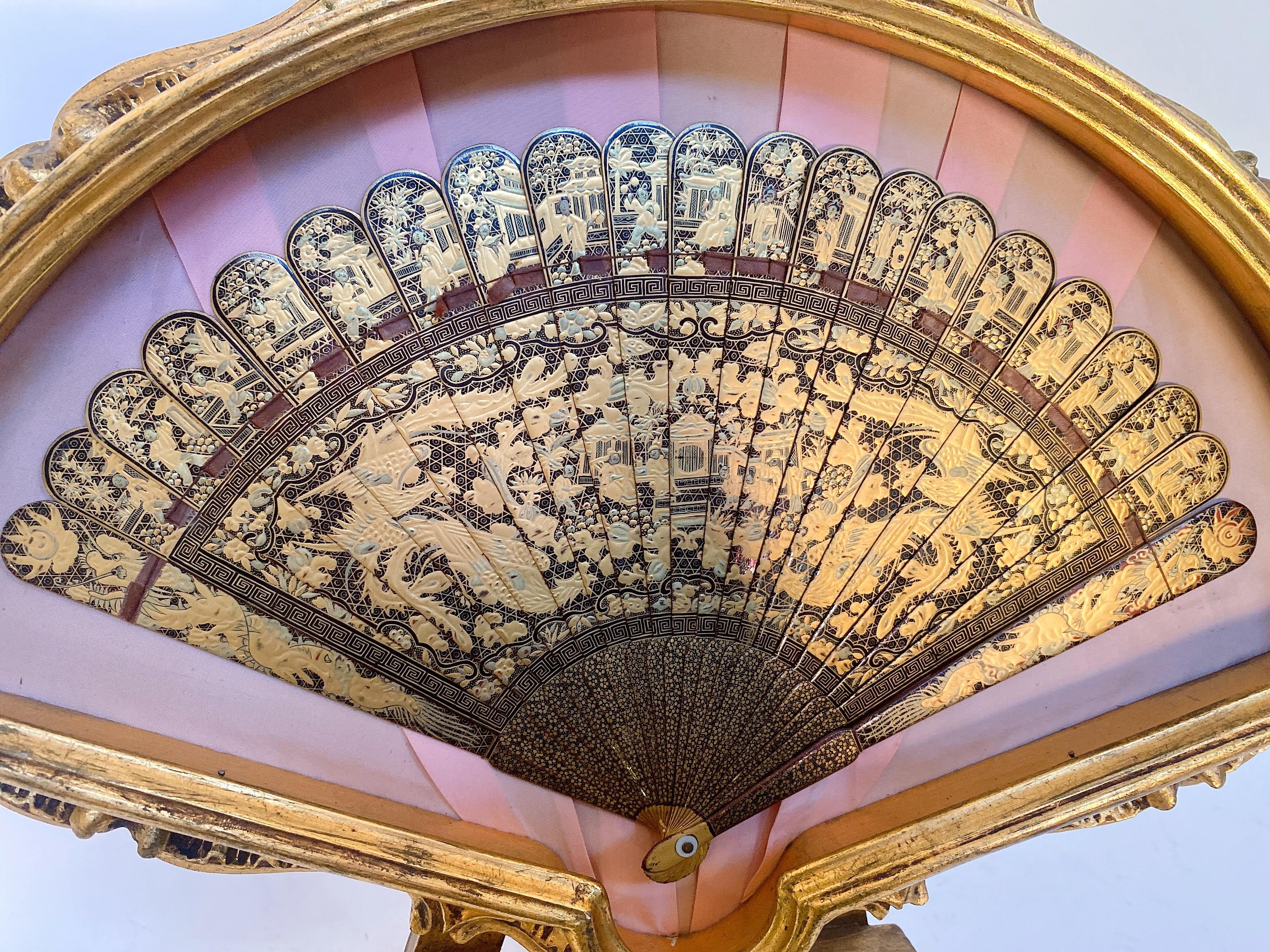 Antique Chinese Hand Paint Gold Lacquer Scene Gilt Fan For Sale 7