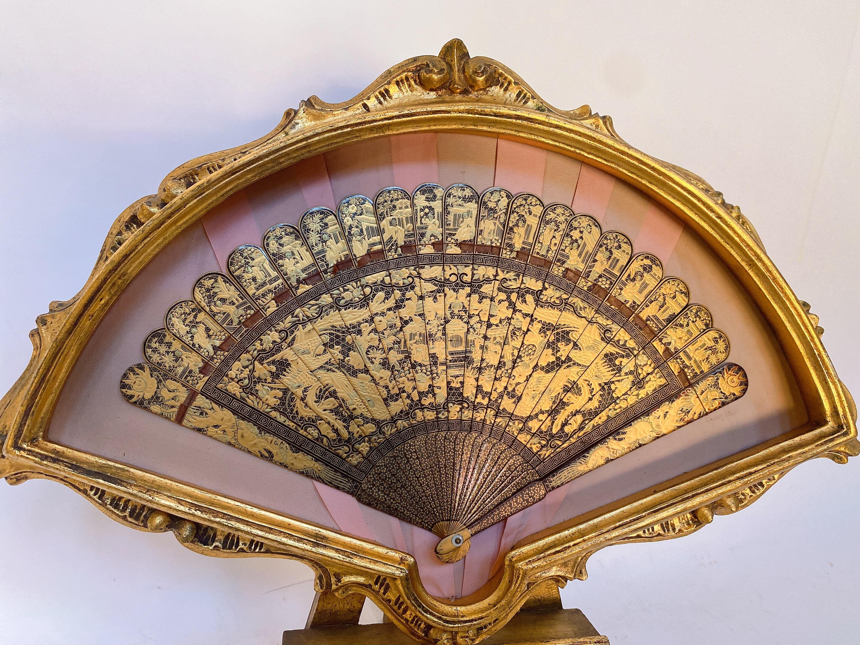 Antique Chinese Hand Paint Gold Lacquer Scene Gilt Fan For Sale 9
