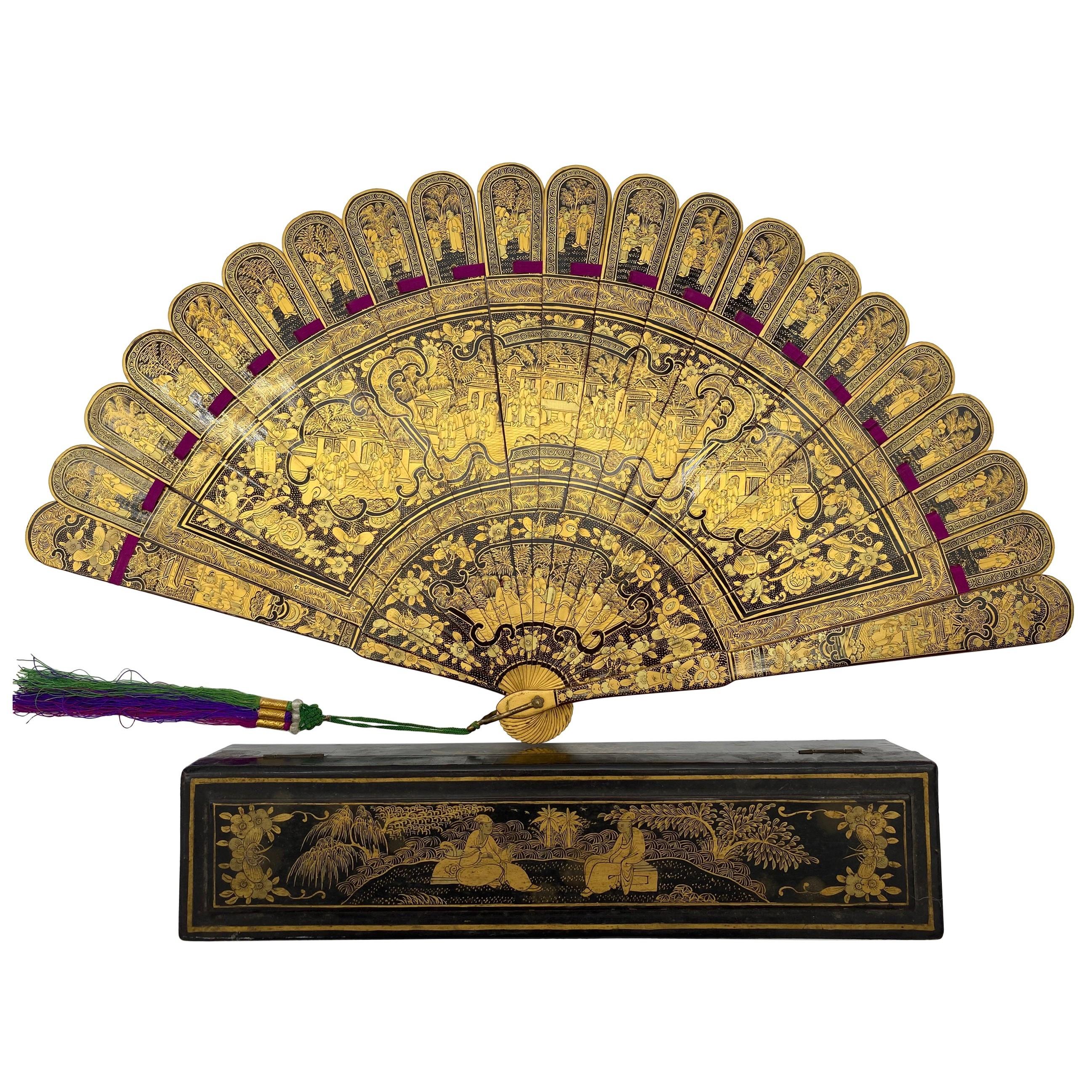 Antique Chinese Hand Paint Gold Lacquer Scene Gilt Fan with Lacquer Box