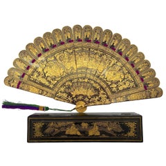 Vintage Chinese Hand Paint Gold Lacquer Scene Gilt Fan with Lacquer Box