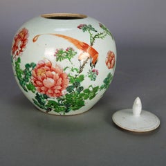 Antique Chinese Hand-Painted and Gilt Ginger Jar Chop Marks, Floral and Bird